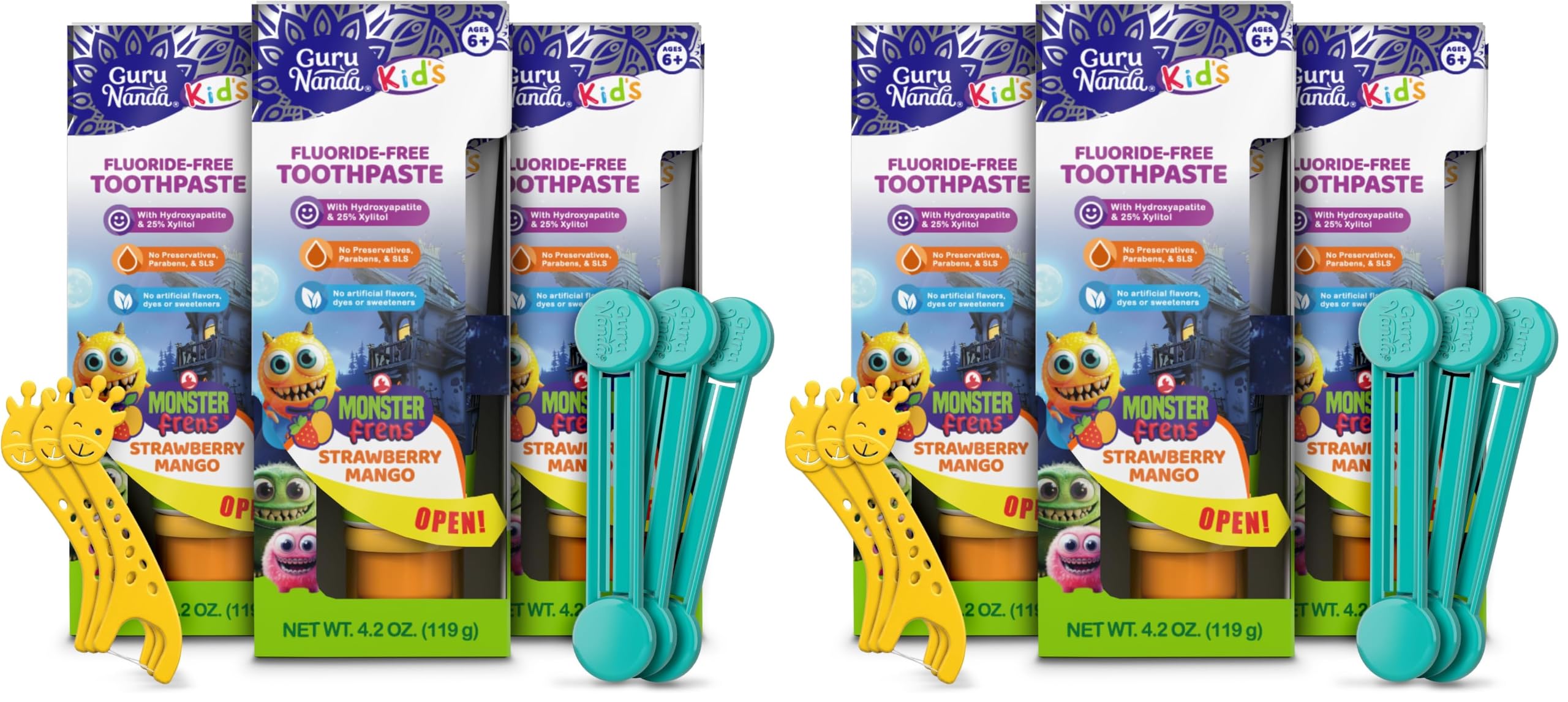 GuruNanda Kids Toothpaste with 2% Hydroxyapatite &amp; 25% Xylitol, Fluoride-Free, Strawberry Mango Flavor, Safe if Swallowed, Gentle &amp; Safe for Young Teeth &amp; Gums, 4.2 oz - Pack of 6