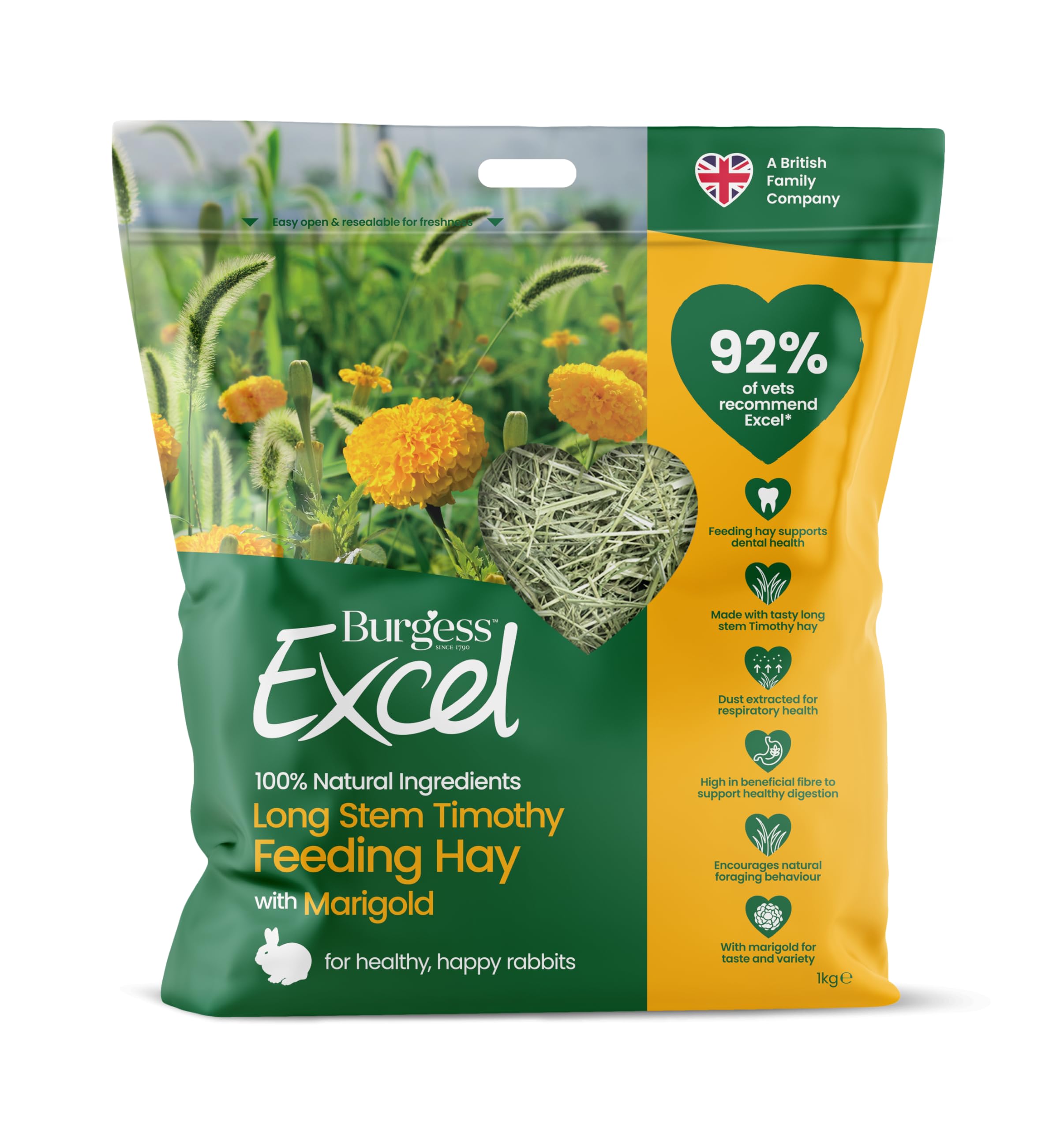 Burgess Excel Long Stem Timothy Feeding Hay with Marigold, 1kg – Marigold Feeding Hay for Rabbits – Dust Extracted