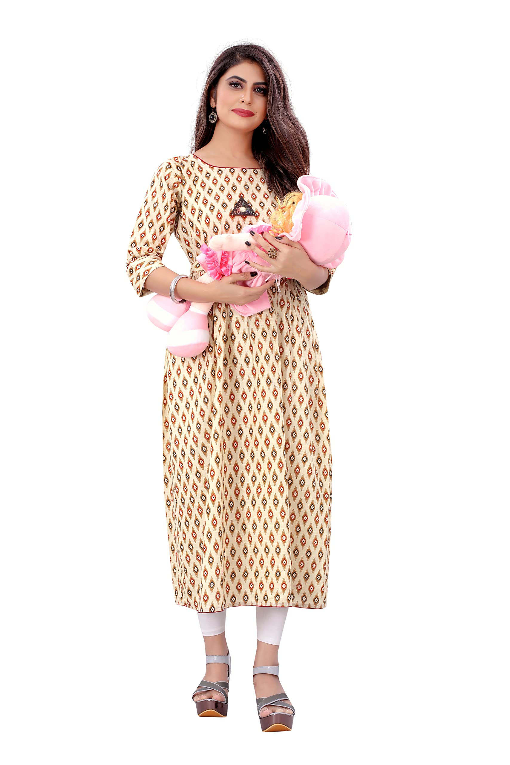 Women's Cotton Relaxed Fit A-Line Maternity Feeding Kurti with Zippers (Kera104_Parent)-image-17