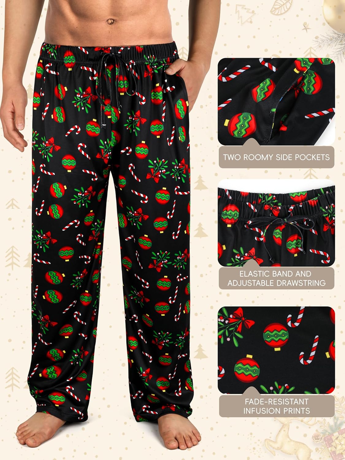 Mens Christmas Pajama Pants,Novelty Funny Soft Pj Sleep Lounge Bottoms with Pockets & Drawstring - Image 2