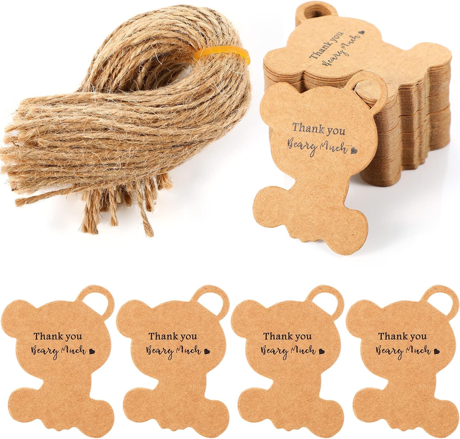 100 Pcs Thank You Tags Bear Tags Gift Tags Brown Kraft Paper Tags Hang Tags with Natural Twine for Crafts Baby Shower Gender Reveal Wedding Thanksgiving Christmas Birthday Party Favors