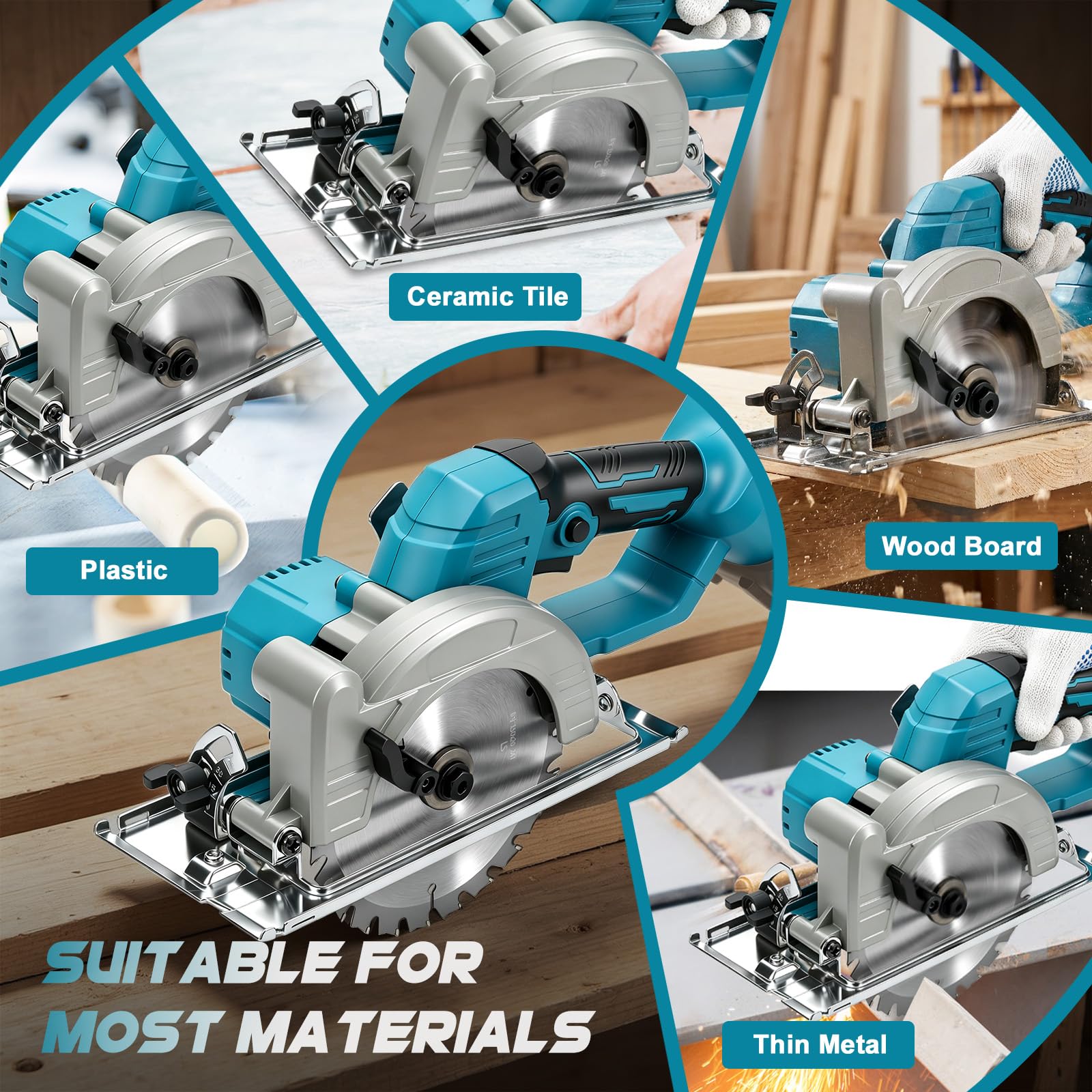 Sierra Circular a batería 6 Pulgadas para Makita 18V (sin Batería) | 400 W, mini sierra circular sin escobillas, 3 hojas, inclinación 45°, corte máx. 54 mm, Guantes, Gafas