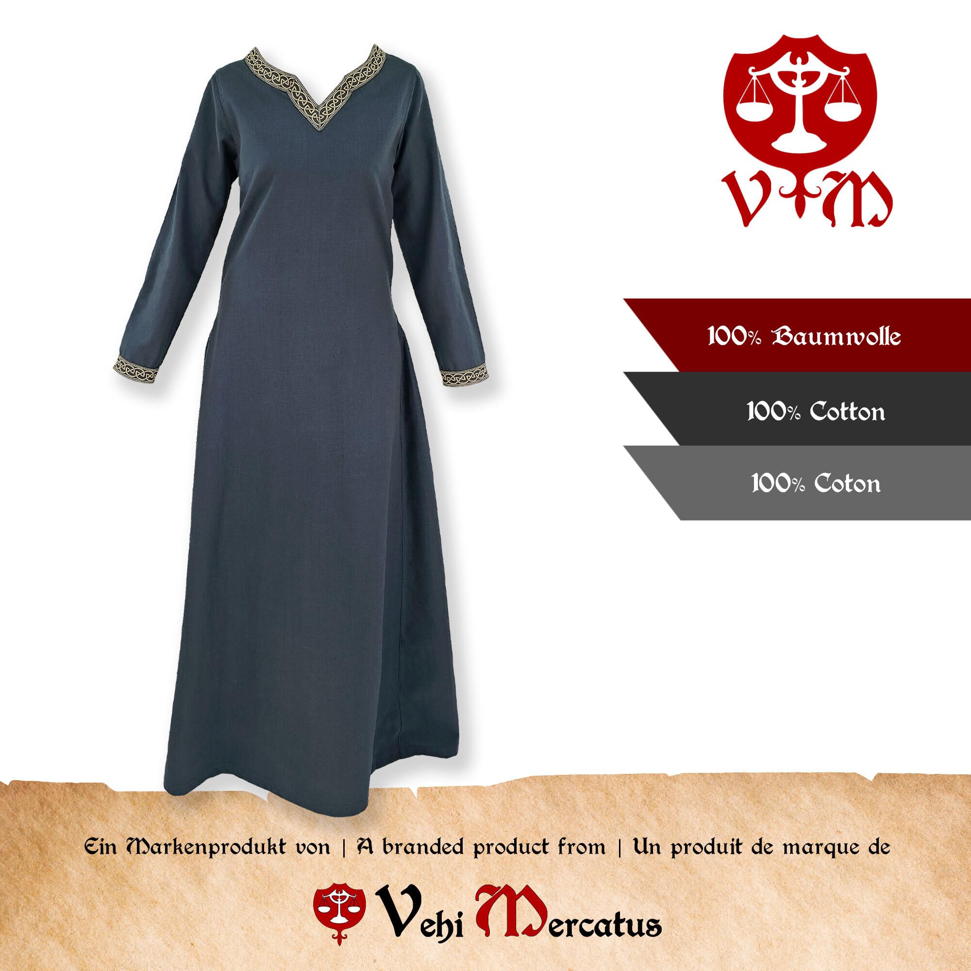 Mittelalter Kleid Langarm, mit Borte Sigyn Baumwolle- Blau, Rot, Grün, Schwarz oder Braun- Mittelalter, LARP, Reenactment