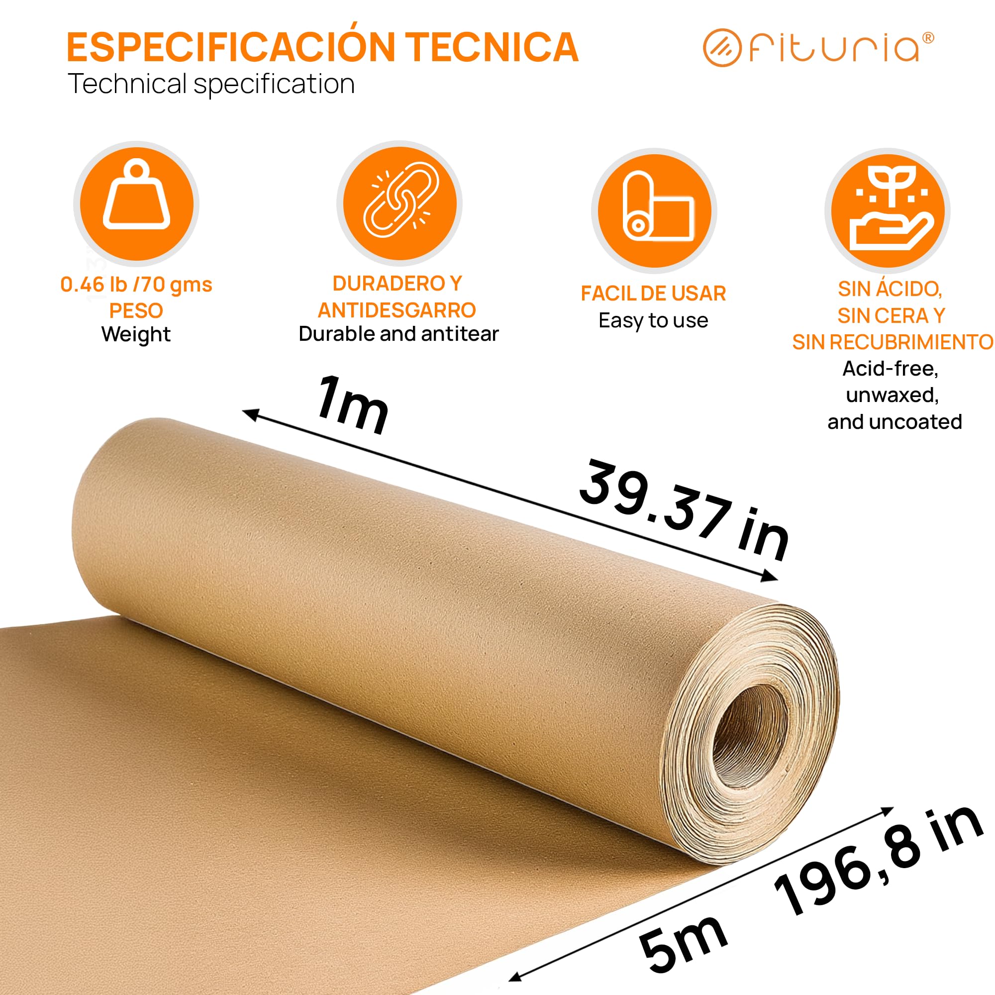 OFITURIA Naturalny brązowy papier Kraft - rolka 1x5m - 6 rolek - papier do pakowania prezentów i opakowań do pakowania, zrób to sam i przeprowadzka; wytrzymały, łatwy do cięcia, idealny do