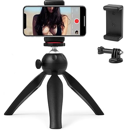 Polarduck Mini Tripod, Mobile Phone Tripod, Vlogging Tripod Compatible with iPhone/Compact DLSR/Samsung/Android/Webcam/Projector with Universal Phone Holder & GoPro Mount, 360° Rotation, Black