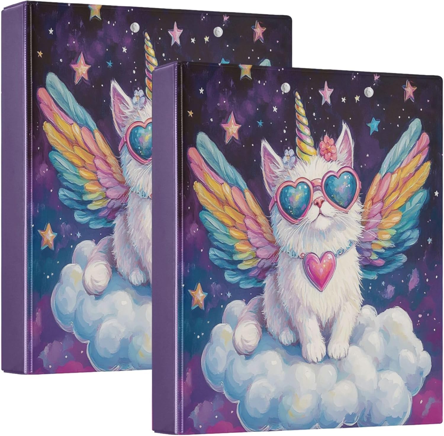 Unicorn Cat with Wings Round Ring Binders 1.5 Inch Galaxy Space Stars 3 Ring Clipboard Binder for Office School Work Supplies File Folder Document 200 Sheet Capacity Easy Open 2 Pieces