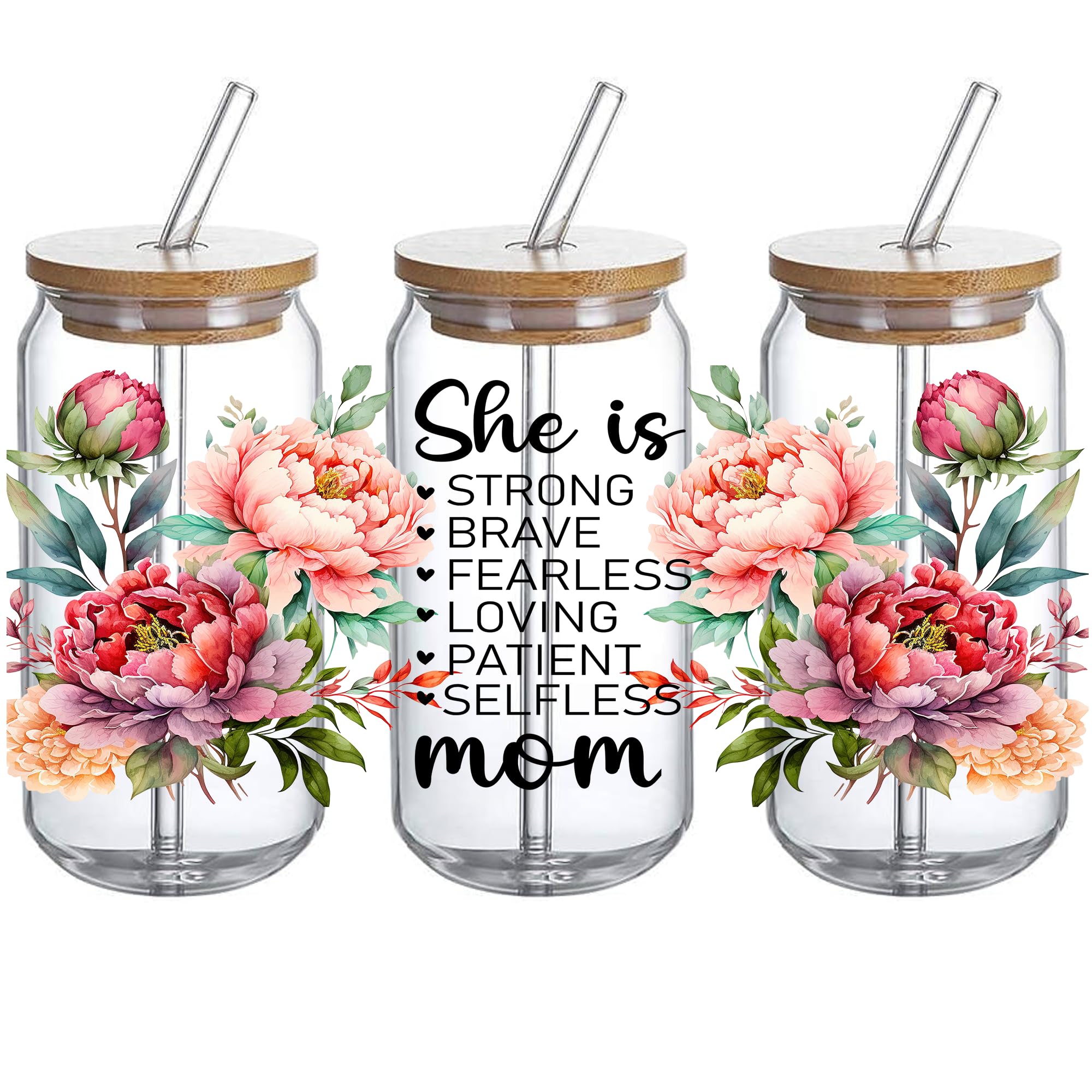 UV DTF Glass Cup Wrap Transfer Decal- 3PCS She is Strong Brave Craft Transfers mama Floral Wrap, Waterproof Decal for 16oz Glass Cups - Ceramic Mug DIY Crafts