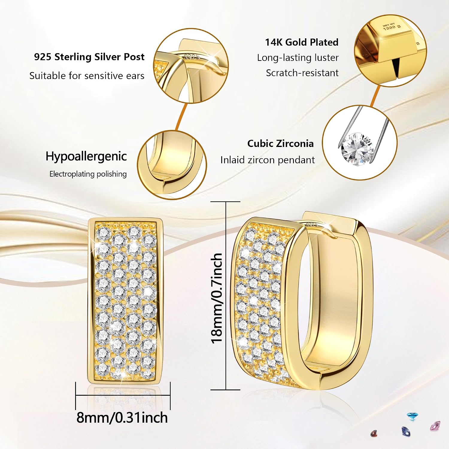 Silver Earrings for Women Small Chunky Silver Earrings Cubic Zirconia Small Hoop Earrings Silver Hypoallergenic Earrings Small Thick Huggie Hoops Earrings for Jewelry Gifts