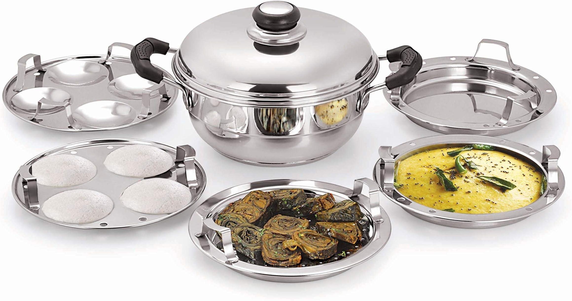 Pristine Stainless Steel Tri Ply Induction Base Multi Purpose Kadai (20cm) with Steel Lid and 2 Idli Plates, 2 Dhokla Plates, 1 Patra Plate, Pack, Silver