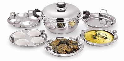 Pristine Stainless Steel Tri Ply Induction Base Multi Purpose Kadai (20cm) with Steel Lid and 2 Idli Plates, 2 Dhokla Pl
