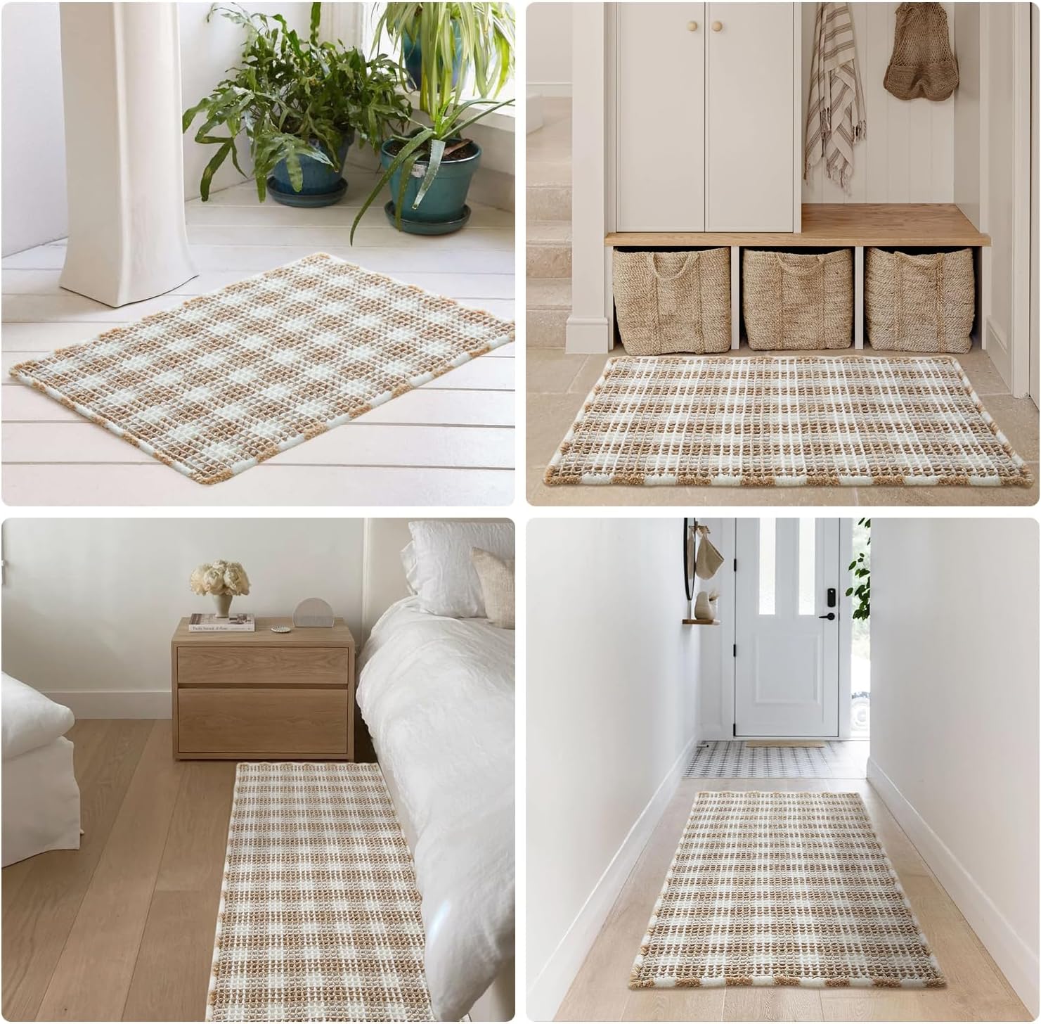 TYUU Waffle Bath Mat, Boho Bathroom Rugs Non Slip Washable Absorbent Checkered Bathroom Mat Quick Dry Farmhouse Bathroom Decor, 30"x20" Khaki and White