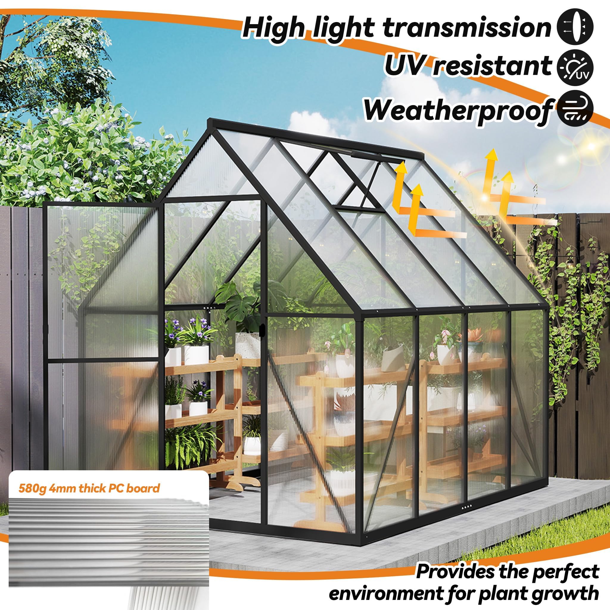 LZQ Gartengewächshaus Aluminium mit Fundament 230x180x195 cm Gewächshaus Pflanzenhaus mit Schiebetür und Dachfenster Treibhaus Gartenhaus Winterfest Aufzucht Tomatenhaus (6x8 ft)