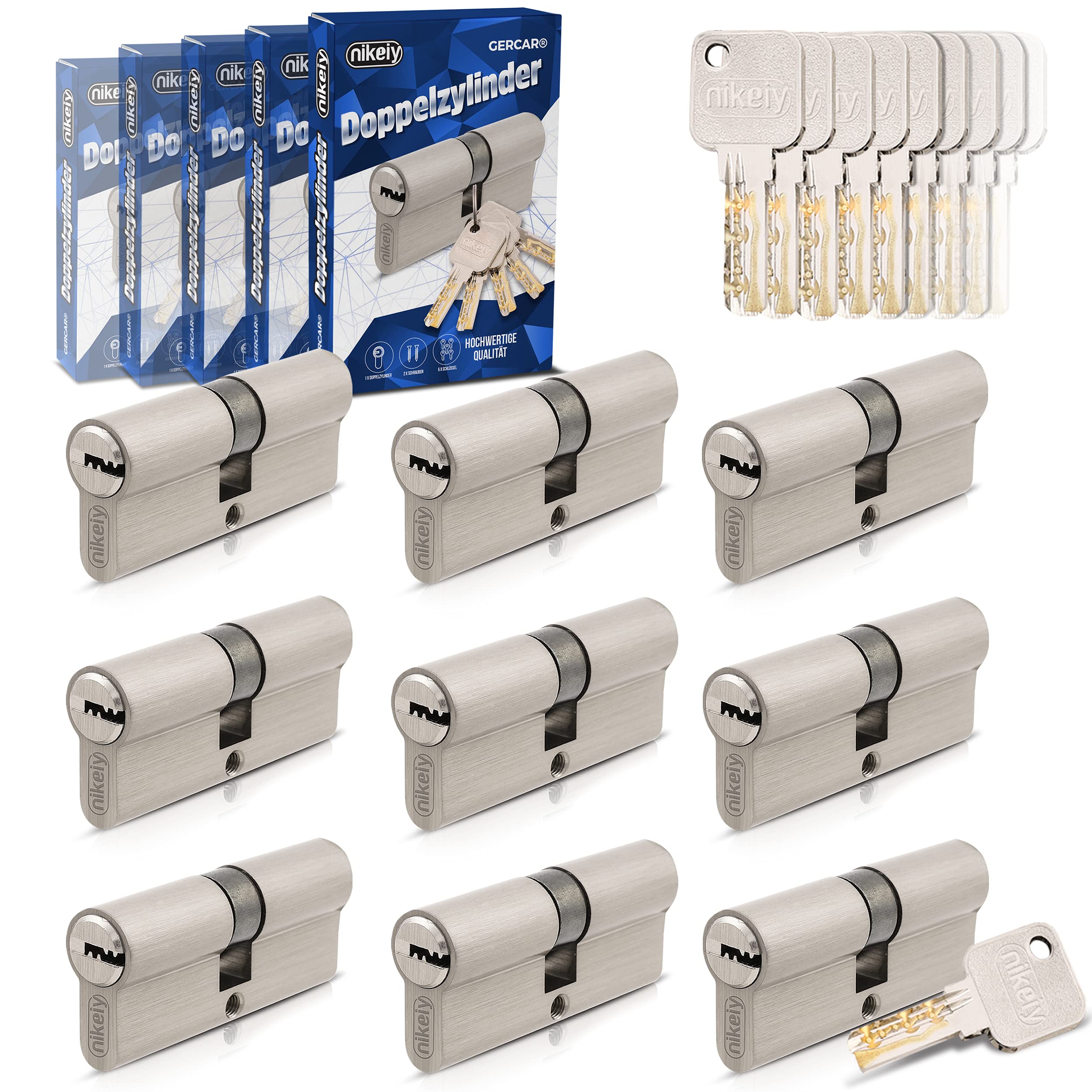 GERCAR Pro Gleichschließend 9x Schließzylinder 35/35 Set 9 Profilzylinder inkl. 45 Schlüssel - 70 mm Türschloss Zylinderschloss 9er Zylinder - Länge: 70mm, A:35 B:35 - Messing matt massiv