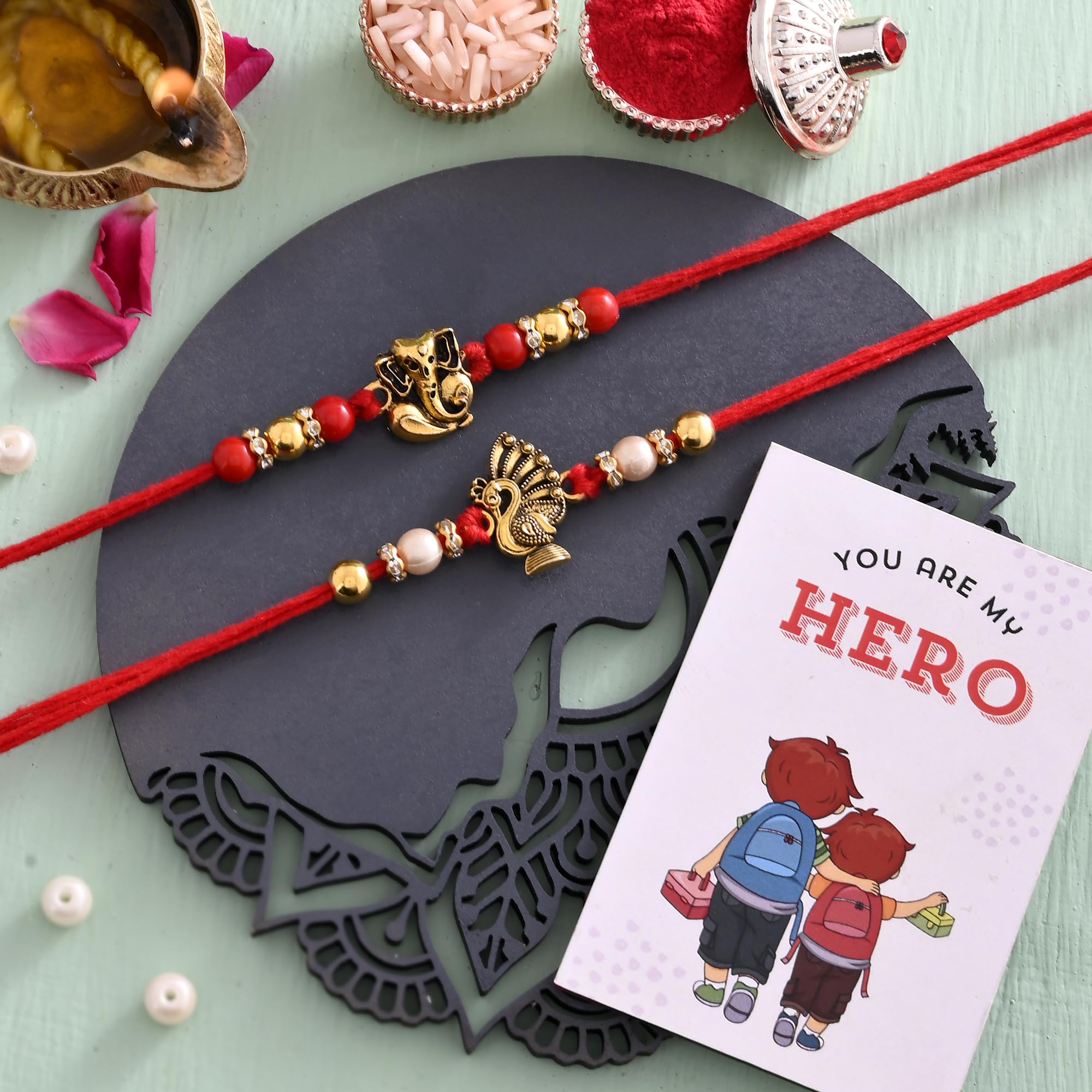 ascension Pack of 2 Peacock & Ganesh Ji Rakhi for Brother and Bhabhi Raksha Bandhan Rakhi Bracelet for Brother Rakhi with You are My Hero Fridge Magnet & Roli Tilak-picture-7