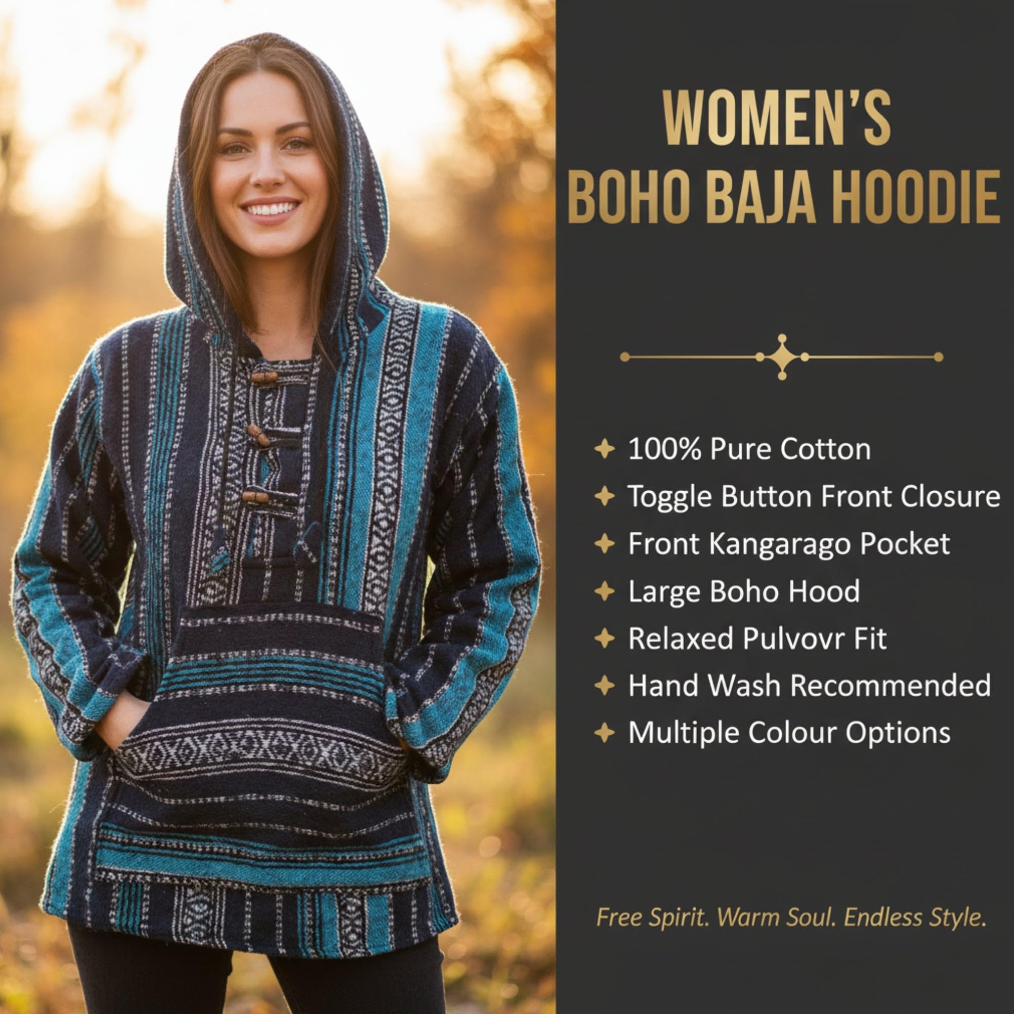 SHOPOHOLIC FASHION Damen Fleece Boho Baja Pullover Hippie Baumwolle Langarm Festival Hoodie
