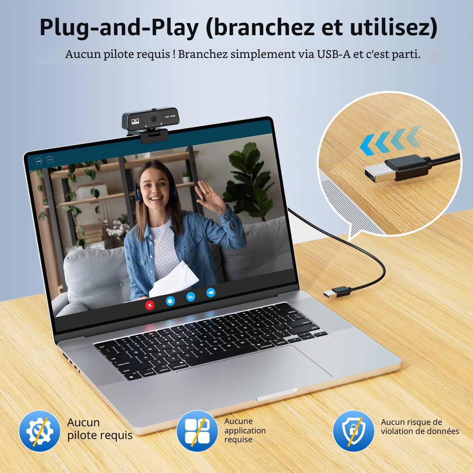 Webcam 4K UHD – Caméra de Streaming avec Microphone Anti-Bruit & Autofocus – pour Youtube, Twitch, Zoom - Compatible Windows, Mac, Linux – Plug and Play