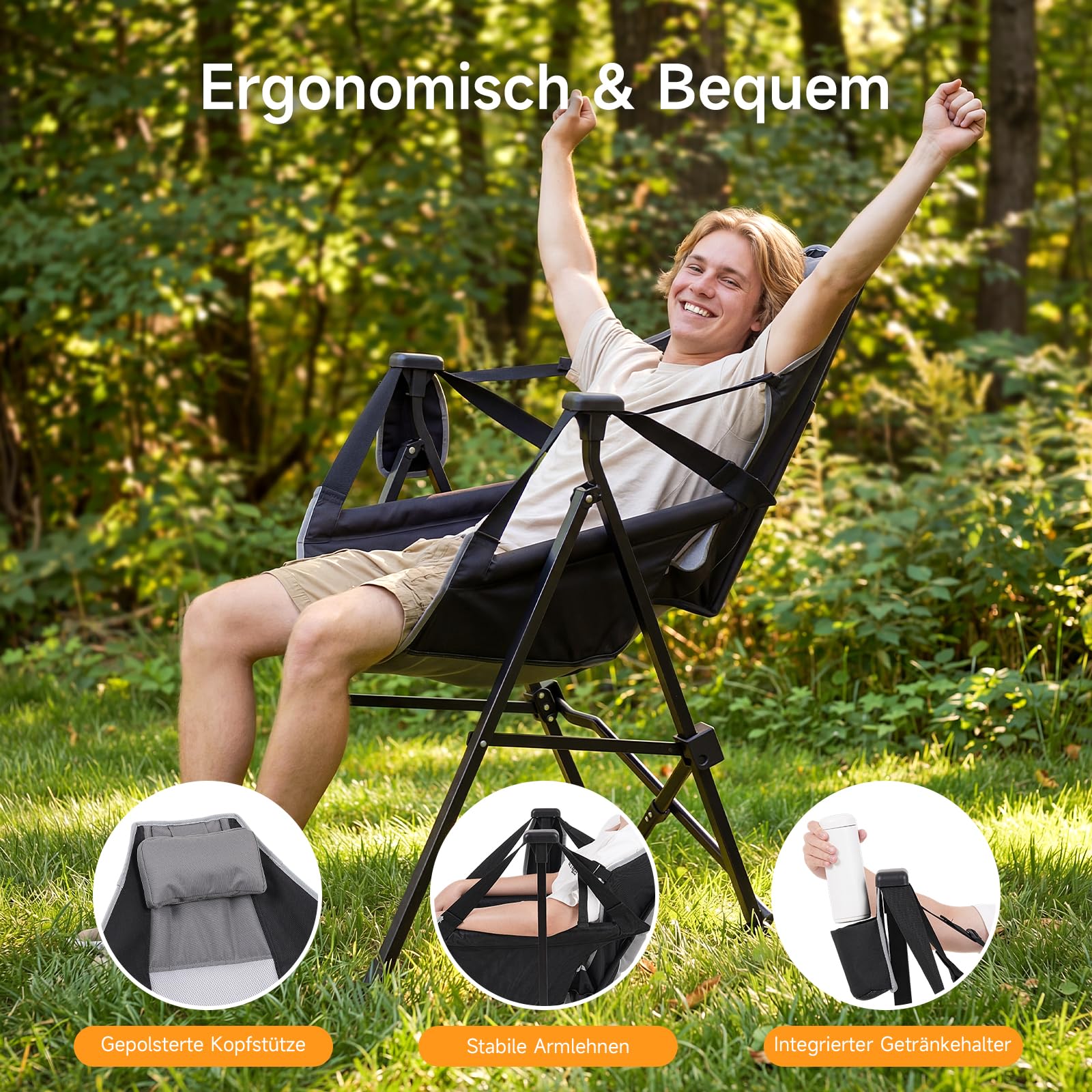 Faltbarer Campingstuhl mit Fußstütze, 180kg, Schaukelfunktion
