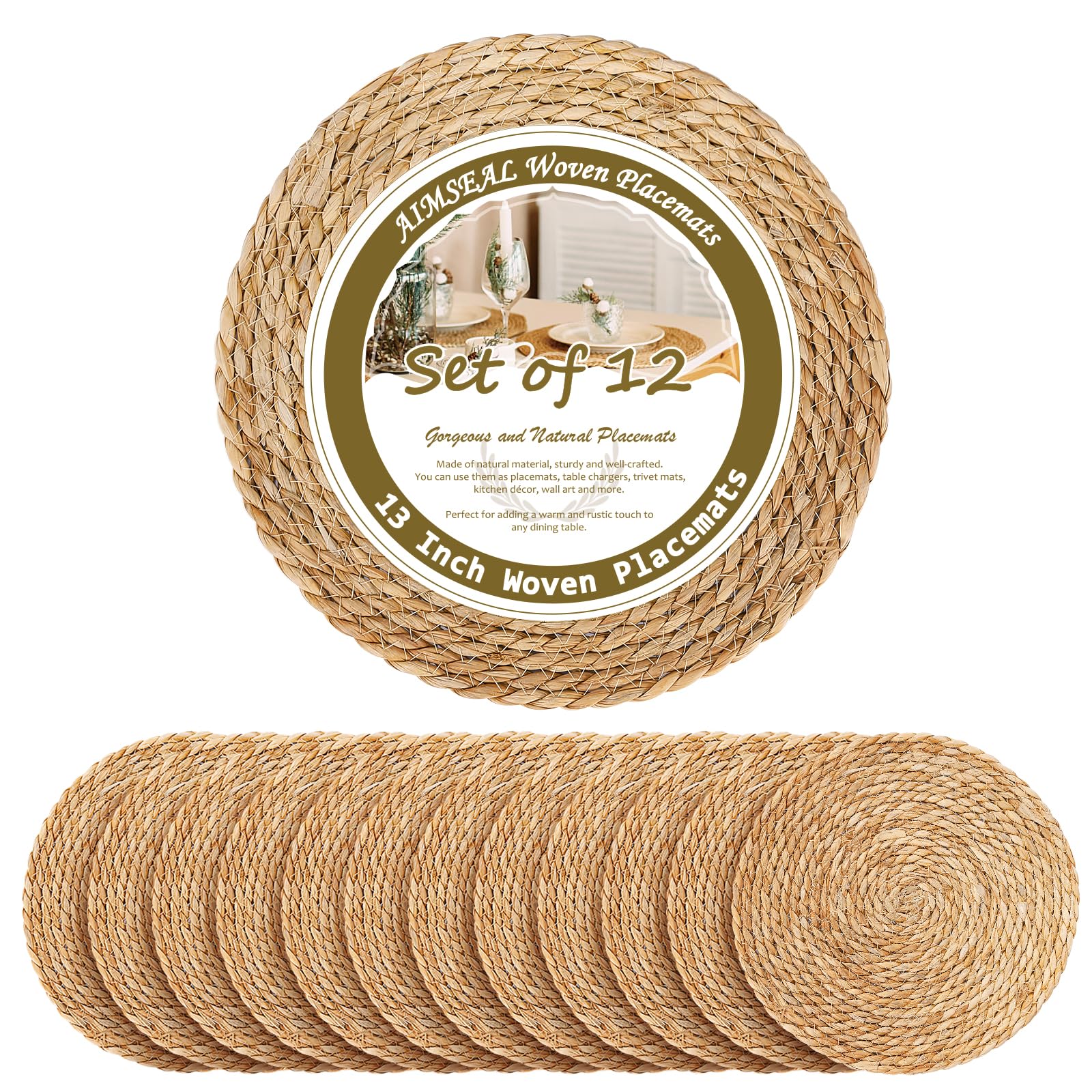 Photo 1 of 13 Inch Placemats Set of 12, Boho Round Rattan Place Mats for Dining Table Decor, Rustic Woven Chargers for Dinner Plates, Outdoor Patio, Farmhouse Wedding, Water Hyacinth Wicker Braided Placemat