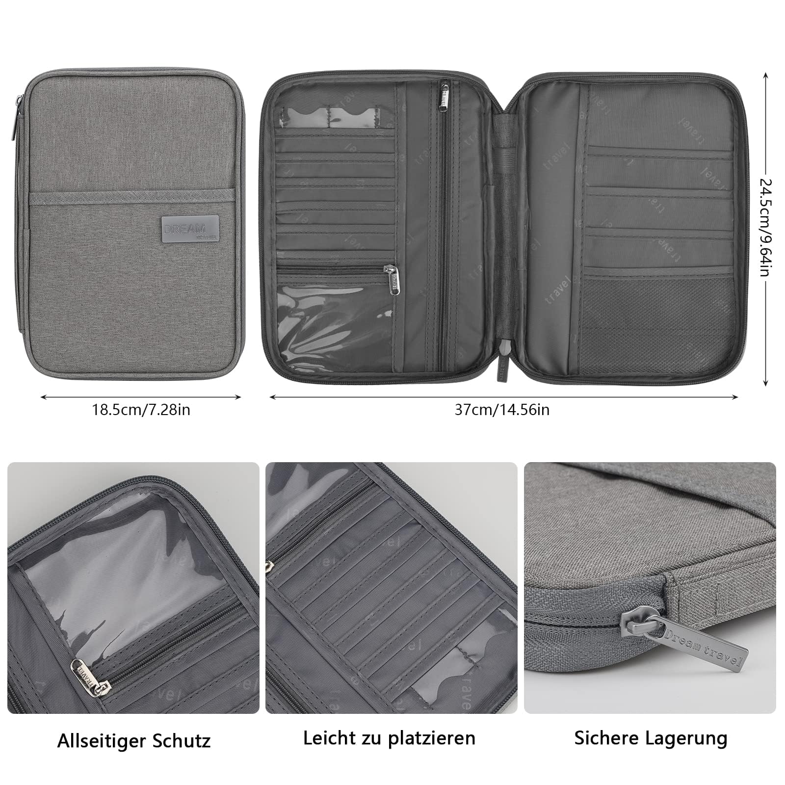 Organisateur de voyage avec fermeture éclair, porte-documents en tissu Oxford, organisateur multifonctionnel pour passeport et cartes, gris