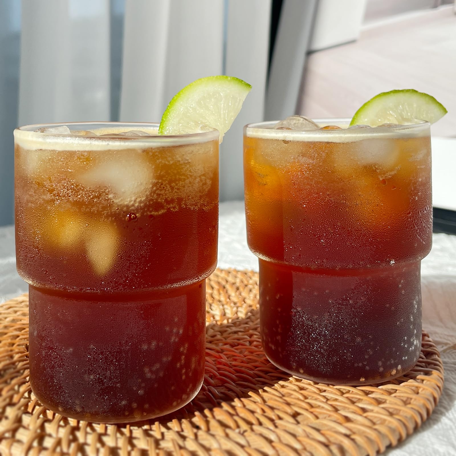2pcs Clear Glass Cups 8oz High Borosilicate Glass Coffee Mugs Stemless Cocktail Cups for Latte Cappuccino Coffee Water Tea Smoothie, Stackable Fancy Glass Cup Gift for Birthday Wedding