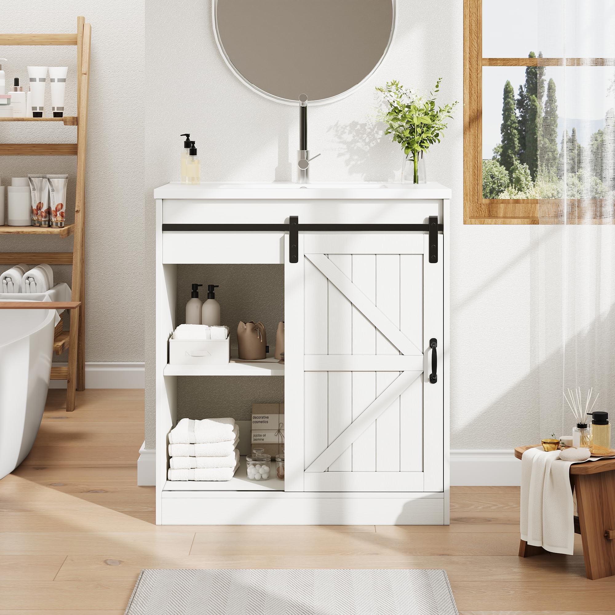 Mueble Baño con Puerta, Mueble de Baño, Lavabo con Mueble con Estante Ajustable, Armario Bajo Lavabo, Mueble de Almacenaje con Compartimentos para Cocina, Cierre Suave, 87,5x76x46,5 cm (Blanco
