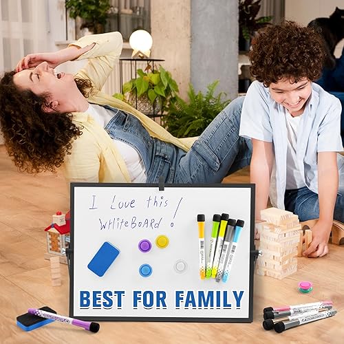 Vista 11 de Grtard Pizarra blanca magnética de borrado en seco, pizarra blanca de escritorio de doble cara de 16 x 12 pulgadas con soporte, juego de pizarra