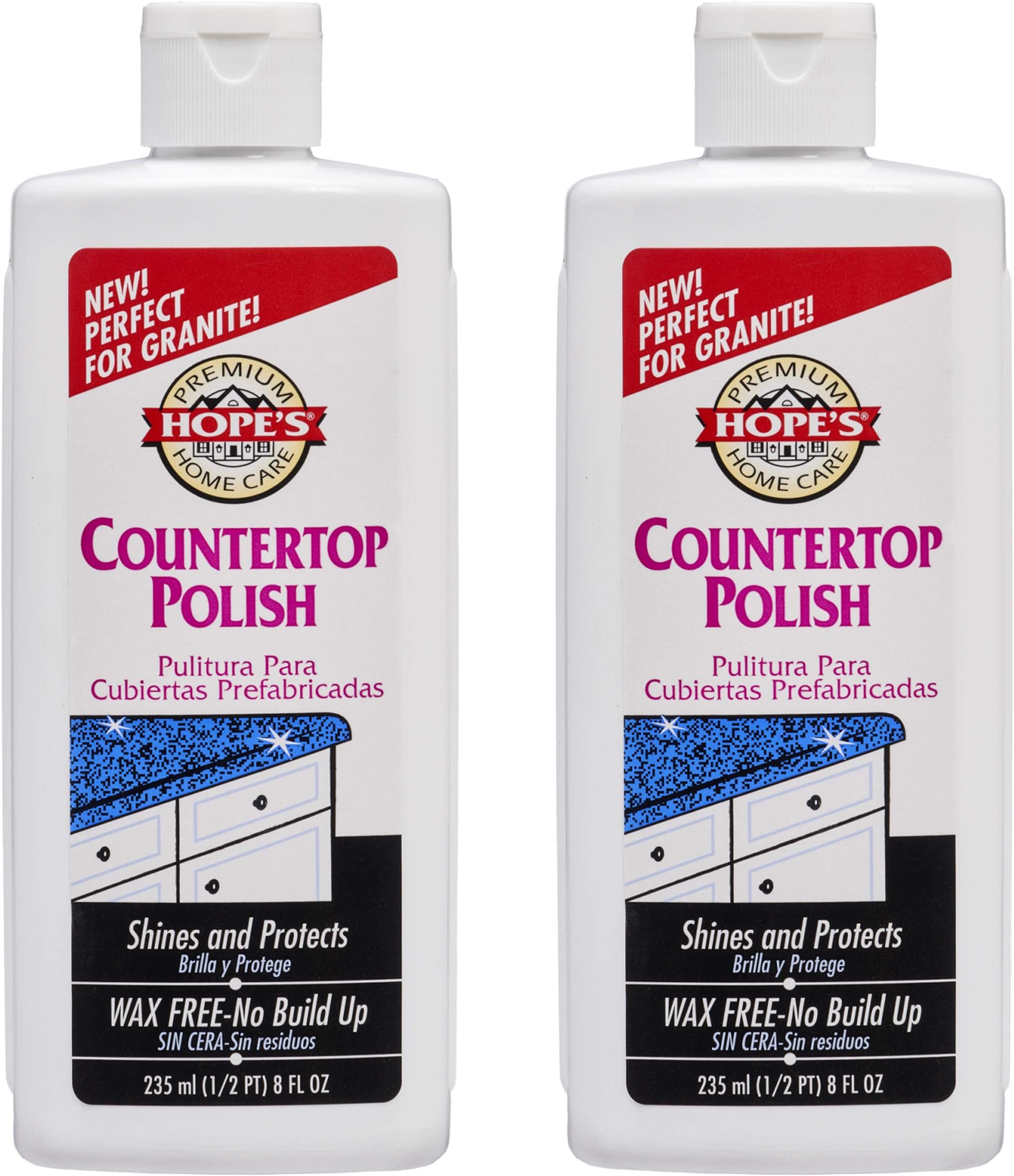 HOPE'S Countertop Restoration Polish, Streak-Free Kitchen Counter Cleaner, No Buildup on Countertops, Quartz, Marble, Corian, Composite, and Granite Polish, 8 Fl Oz, Pack of 2