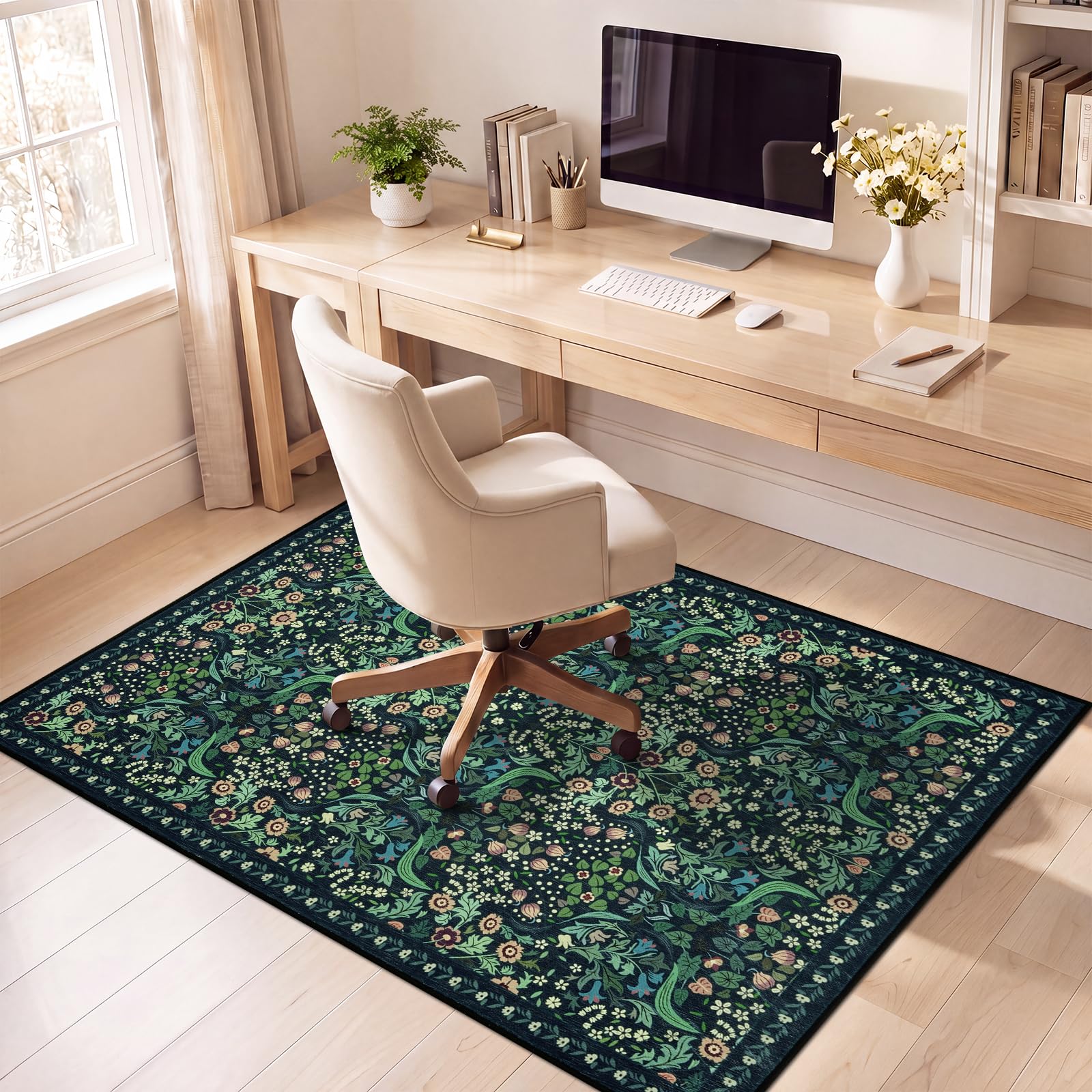 Famibay Bodenschutzmatte Bürostuhl 90x120cm Bürostuhl Unterlage rutschfest Schreibtischstuhl Unterlage Dunkelgrün Vintage Bodenschutzmatte für Hartböden Parkett Tiles Waschbar Kratzfest Blumen