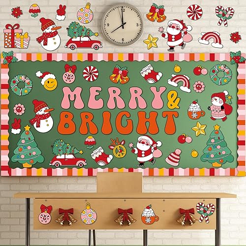 Miniatura 7 de Juego de decoración "Merry and Bright" (Feliz y brillante) para tablero de Feliz Navidad, recortes retro groovy para fiesta, escuela, aula, puerta,