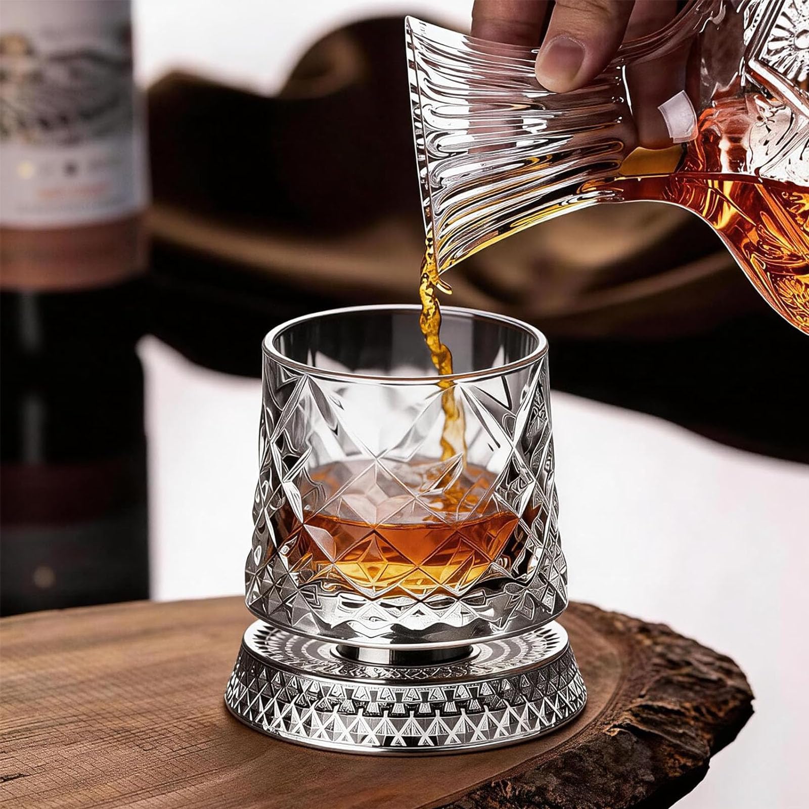 Jeeeun Spinning Crystal Whiskey Glasses, Heavy Base 360° Rotatable Cocktail Glass for Home Bar Daily Leisure & Gift (A)