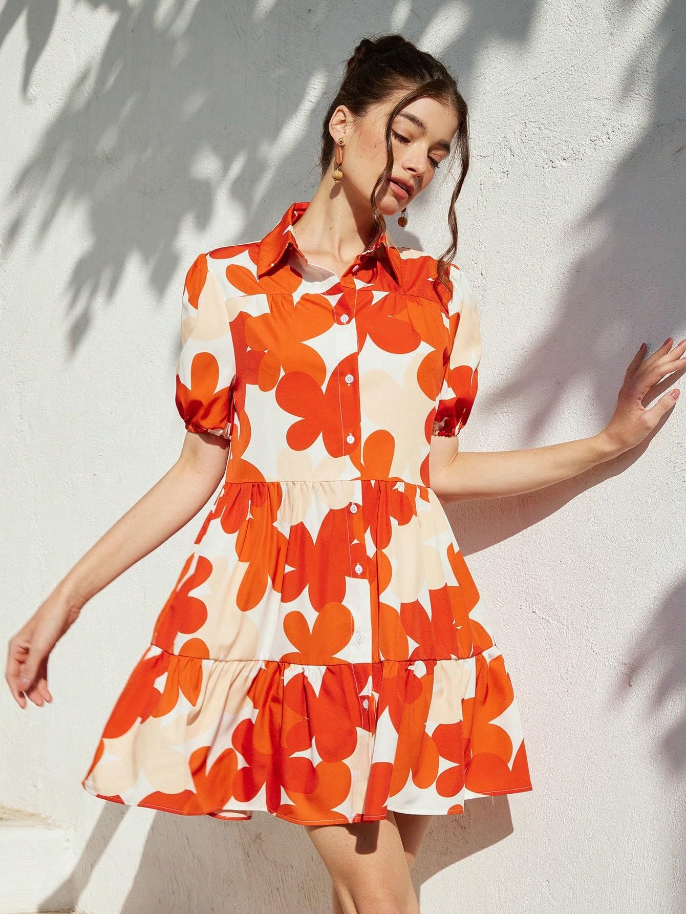Shasmi Women's Rust Orange Flower Print Short Sleeve Button Front All-Over Printed Dresses, Ruffle Hem Smock Dress For Woman (161 Dress Rust Orange-M)