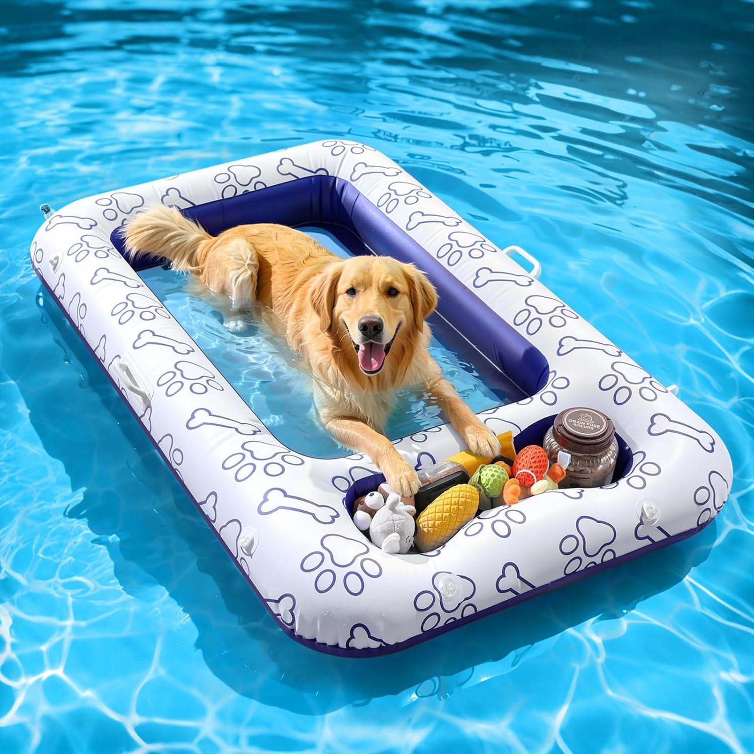 MoKo Dog Pool Float, 59 x 35 Inch Pool Floats for Small, Medium and Large Dogs, Floating Bed with Built-in Storage Area for Pet Toys and Food, Inflatable Dog Pool Float for Lake Camp