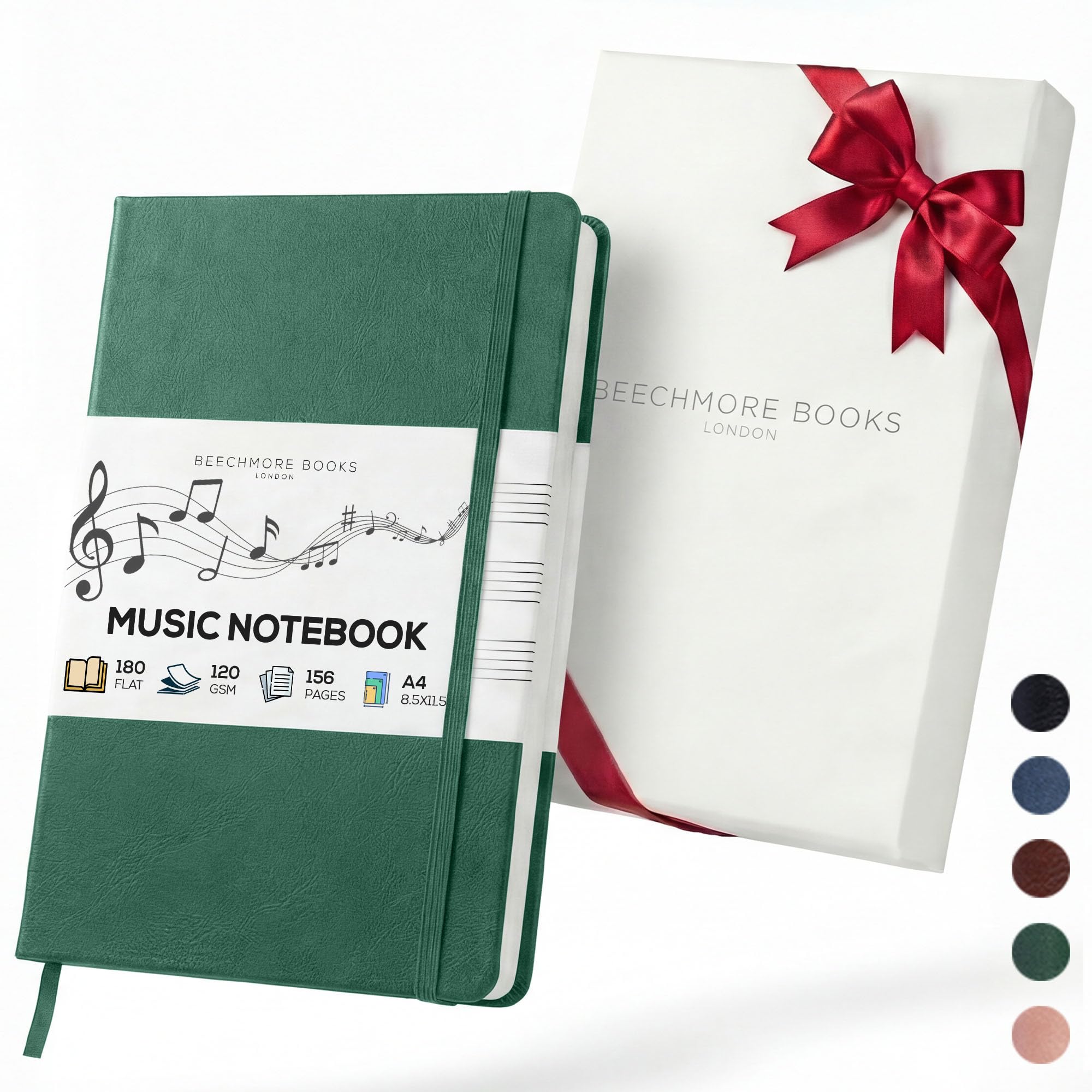 Beechmore Books Quaderno musica A4 (21,6 x 29 cm) – 156 pagine, 120 g/m² | Copertina rigida similpelle, righe musicali perforate, apertura piatta, confezione regalo per musicisti e studenti