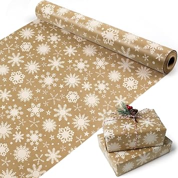 Christmas Wrapping Paper Roll, Vintage Brown Kraft Gift Wrapping Paper, Snowflake Gift Wrap Paper for Christmas Winter Holiday, Birthday Party - Perfect for Girls, Boys, Women and Men, 17" x 49