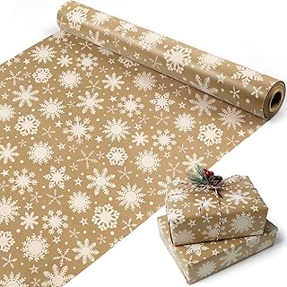 Christmas Wrapping Paper Roll, Brown Kraft Gift Wrapping Paper Jumbo Roll, Snowflake Christmas Wrapping Paper with Paper Rope, Christmas Wrapping Paper Roll for Girls Boys Women Men, 17x590 inch.