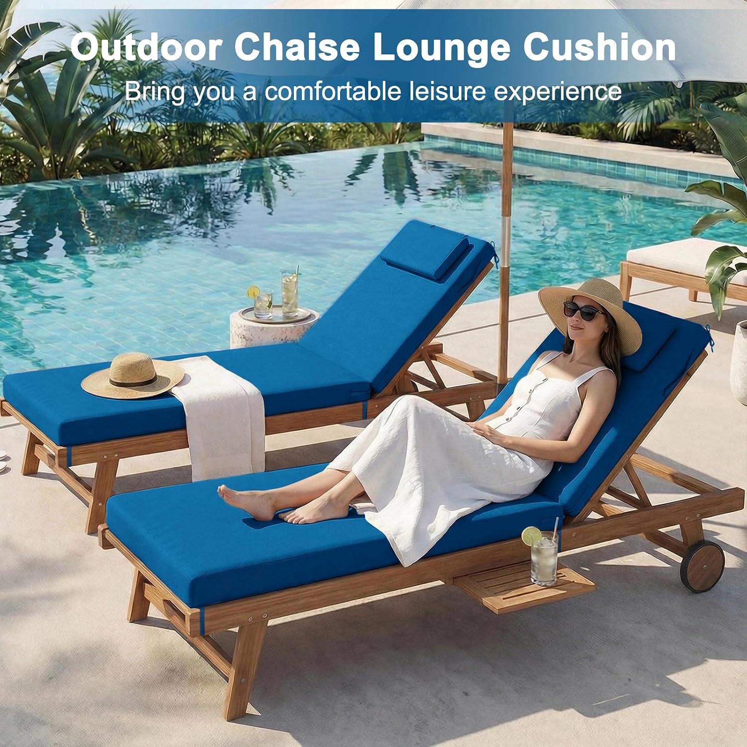 Outdoor Lounge Chair mat, 72 inches x 21 inches, Waterproof Chaise Lounge Cushion with Anti-Loss Pillow, Fade-Resistant Patio mat, Suitable for Decks and Poolside (Dark Blue)