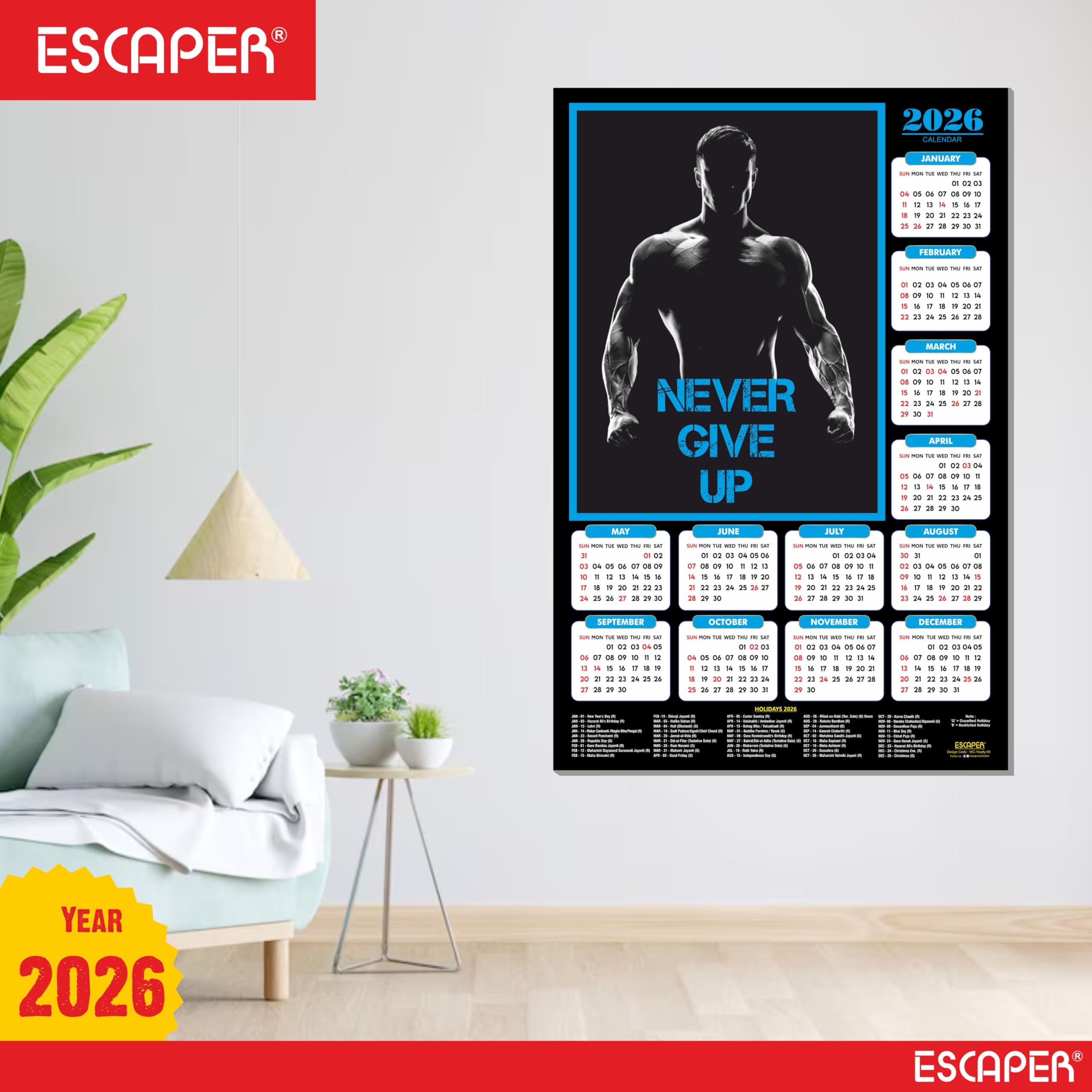 ESCAPER Never Give Up Gym Wandkalender 2026 - 300 g/m² Papier, laminierte Bodybuilder & Workout Motivation, Fitness & Übung Wandkalender für Fitnessstudio, Zuhause oder Fitnesscenter