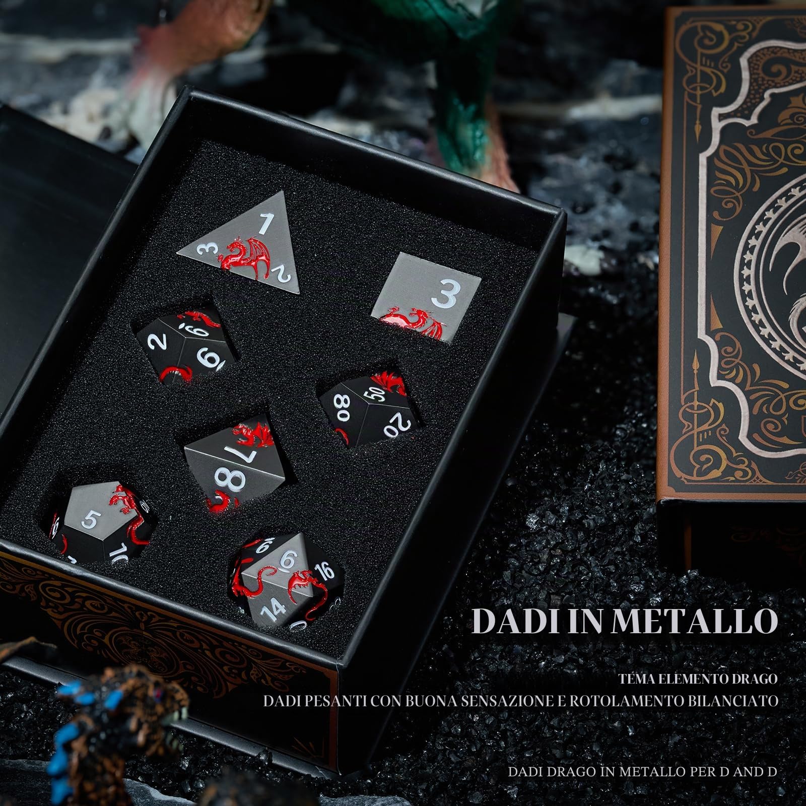 Set di dadi in metallo per DND D&D, per D&D Dungeons and Dragons, TTRPG, dadi in metallo con scatola di dadi a forma di drago (drago nero rosso)