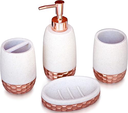 Juego de accesorios de baño de oro rosa, juego de 4 accesorios de baño de piedra arenisca de lujo, soporte para cepillos de dientes, dispensador de