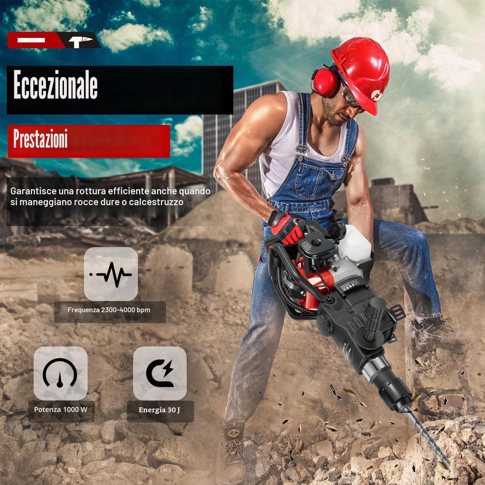 Martello Demolitore a Benzina 32.6CC 2 Stroke, Percussione e Scalpello 1200 W, Trapano per Calcestruzzo Con 3 Punte, 1 Cassetta Degli Attrezzi