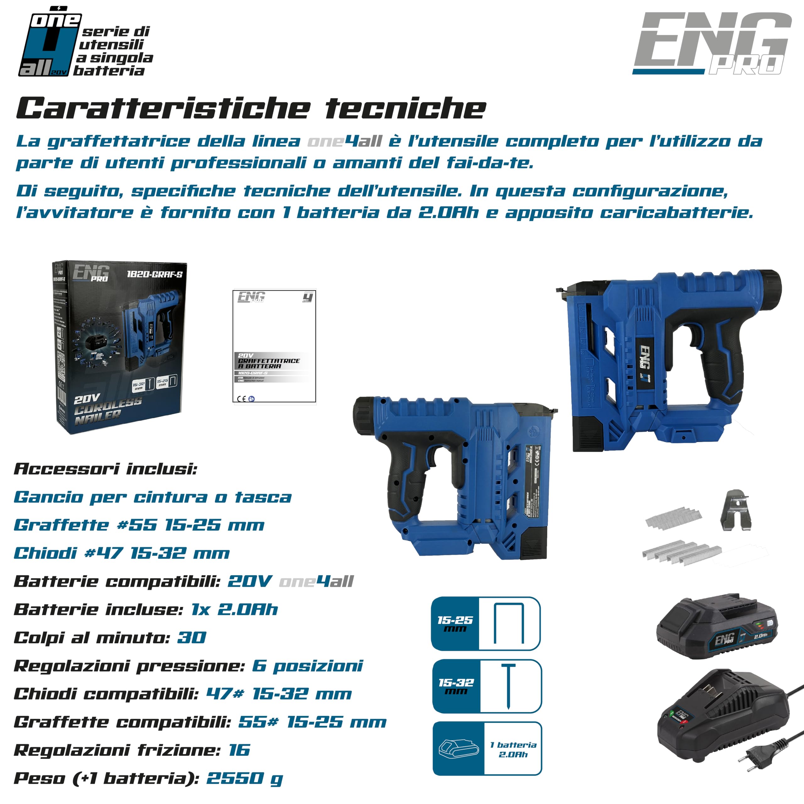 Graffettatrice E Sparachiodi 2-In-1 Senza Fili | Linea Professionale A Batteria ONE4ALL 20V | Pistola Sparachiodi | 1 Batteria 2.0 Ah