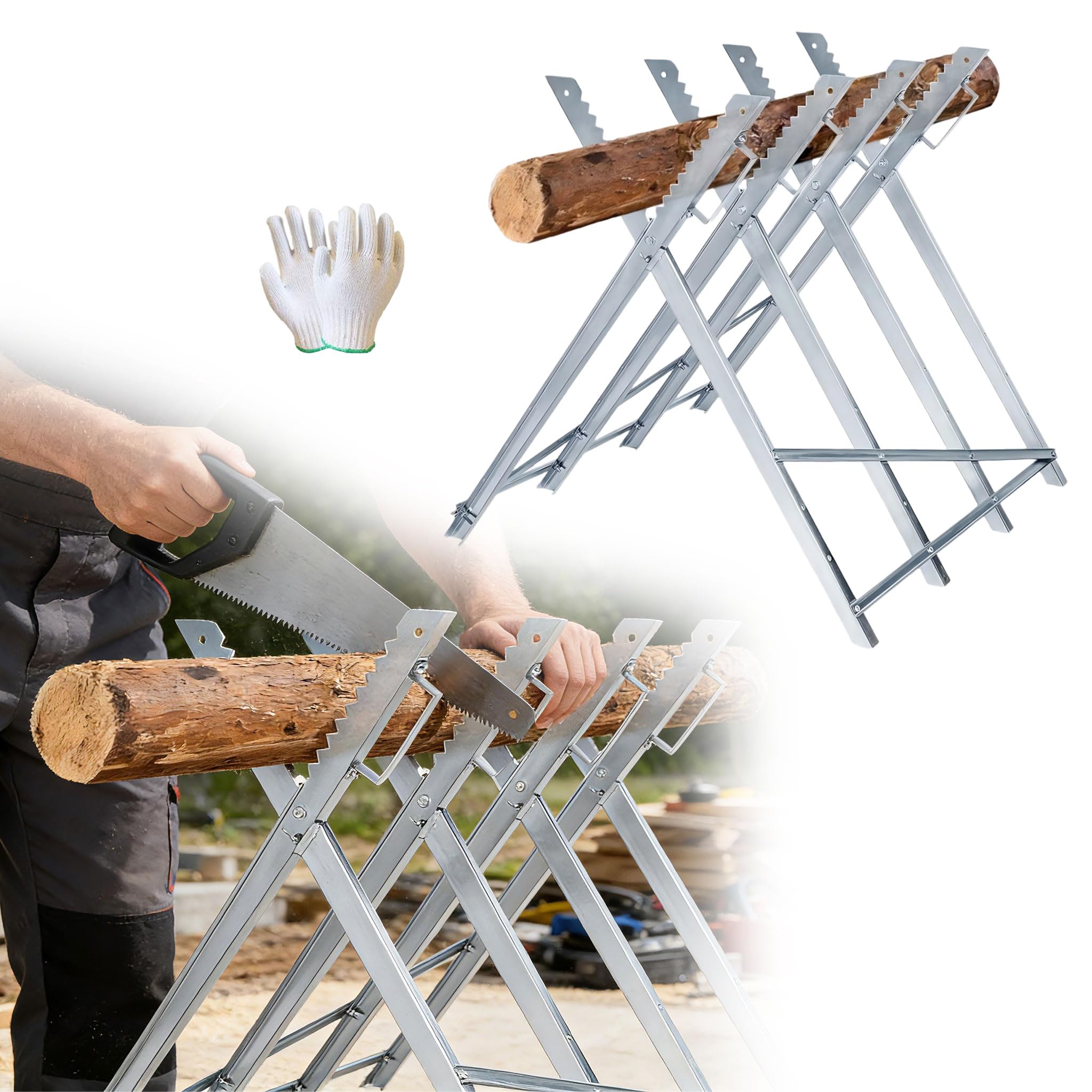UISEBRT Chevalet de sciage pliable pour tronçonneuse, tréteau en métal, avec gant, cadre en acier, charge maximale : 150 kg, pour le bois de chauffage et le travail du bois, 82 x 80,5 x 79 cm