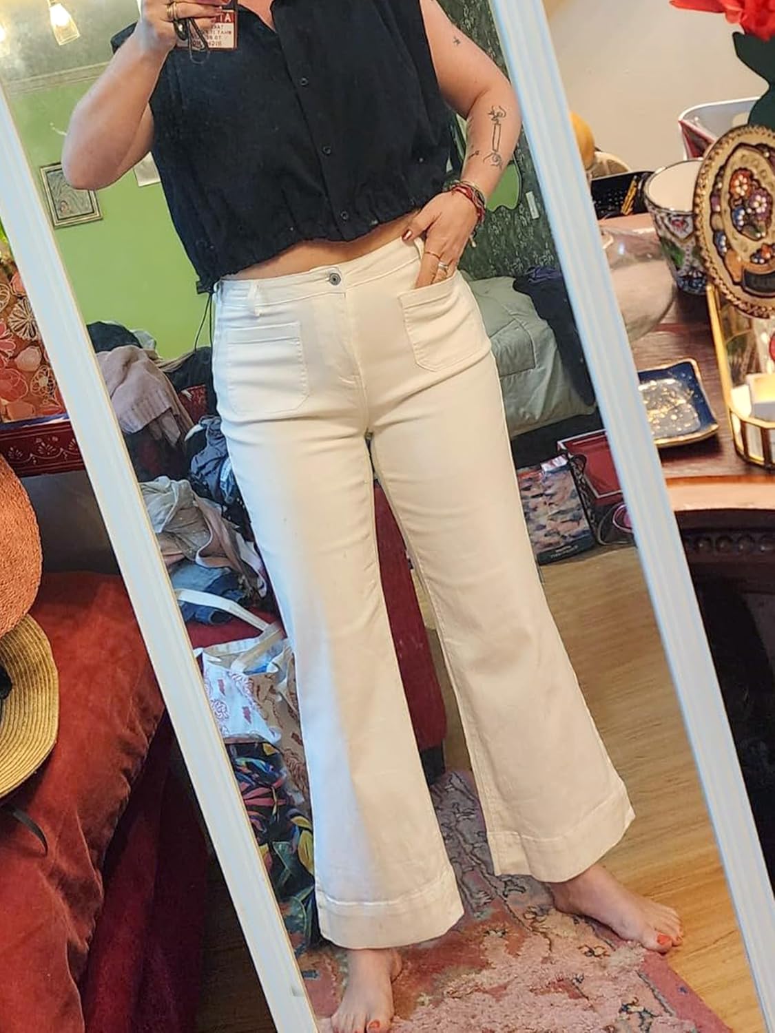 Tapata Women's 24/26 Petite Regular Wide Leg Jeans High Waisted Flare Stretchy Cropped Denim Pants Trendy Baggy Pockets - Image 3