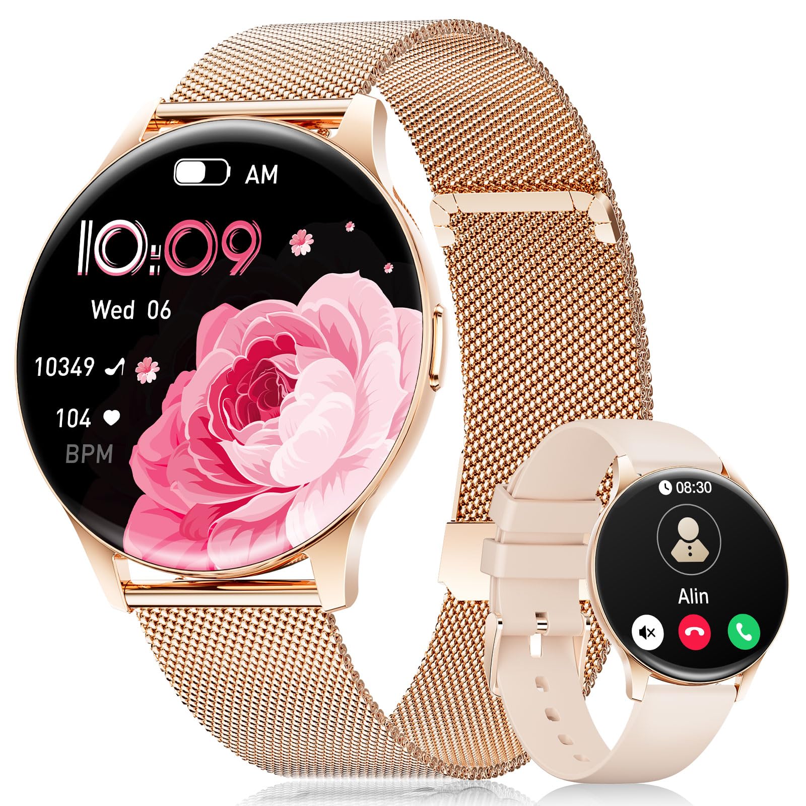 BENYAR SMART Montre Connectée Femme 1.43" HD, pour iOS/Android, Or Rose | Suivi du Cycle Menstruel, Santé 24h, Appels Bluetooth, 100+ Sports, IP68 imperméable, 300mAh Autonomie 7 Jours, 2 Bracelet