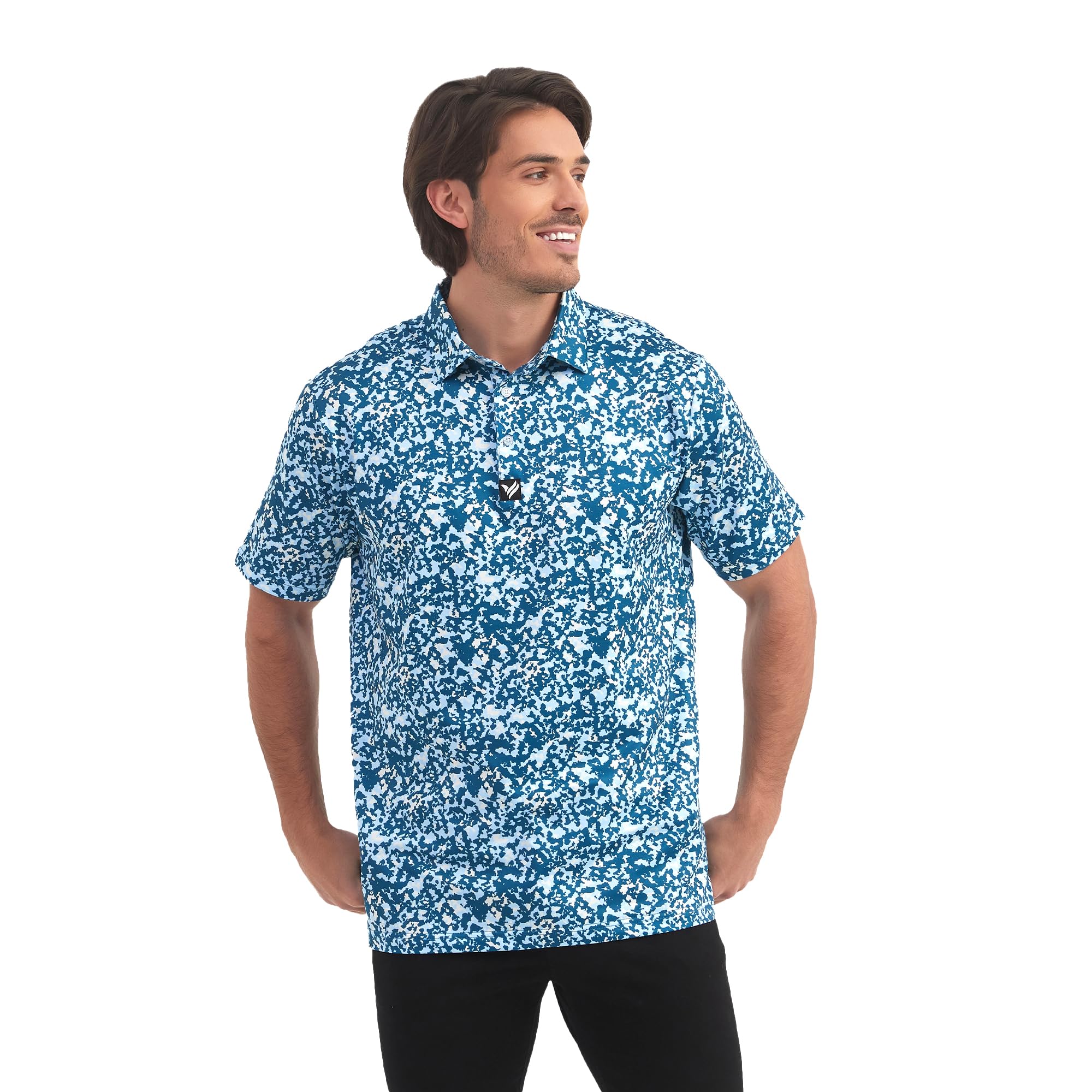 Vimism Mens Golf Polo Shirts Short Sleeve Dry Fit Performance Moisture Wicking Casual Print Collared Golf Shirts for Men (Medium, Blue)