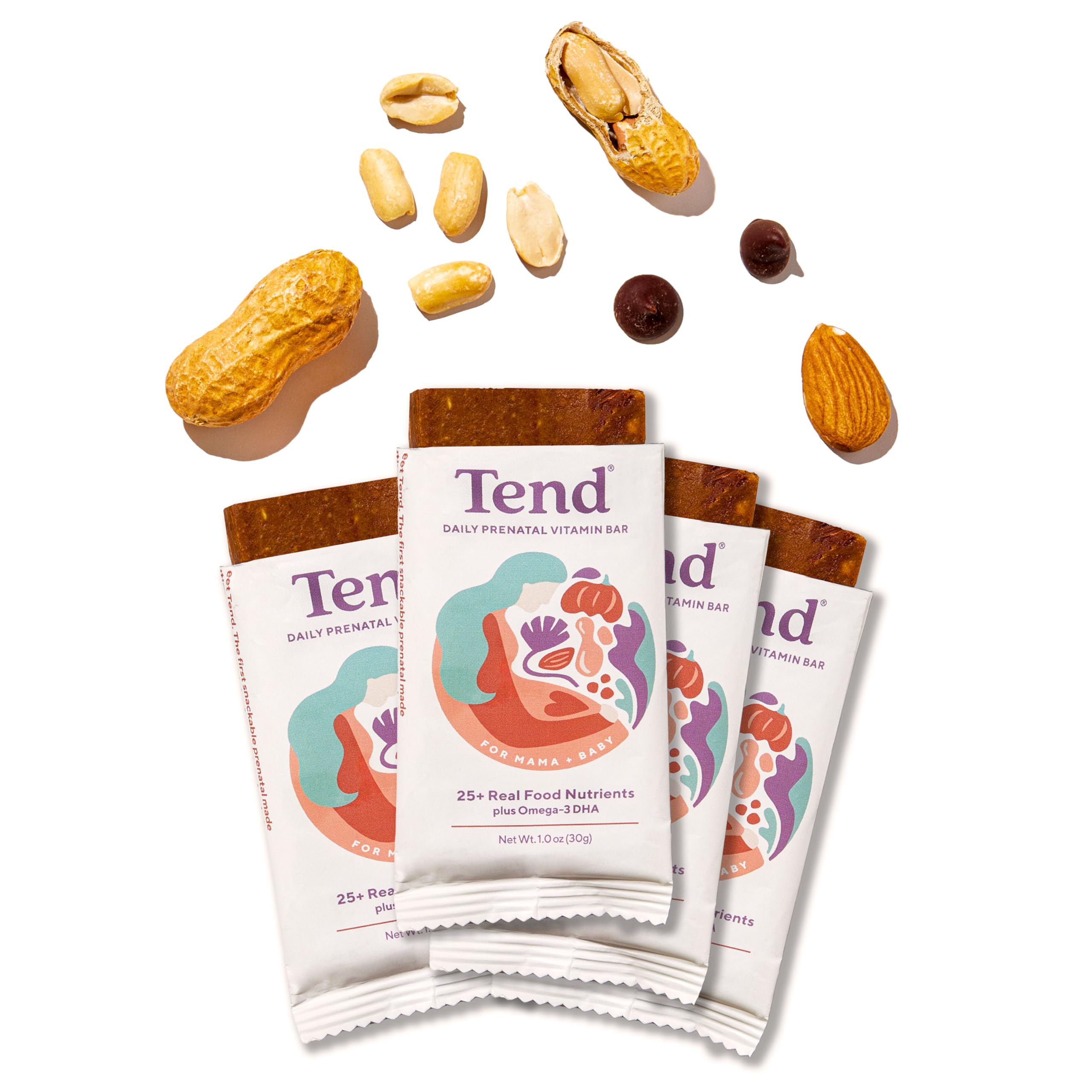 Tend Daily Best Prenatal Vitamin Bar, Made with Organic Ingredients for Pregnant & Postpartum Mothers, Includes DHA, Vitamin D, B, Choline, Folate - Peanut Butter Chocolate (4ct)