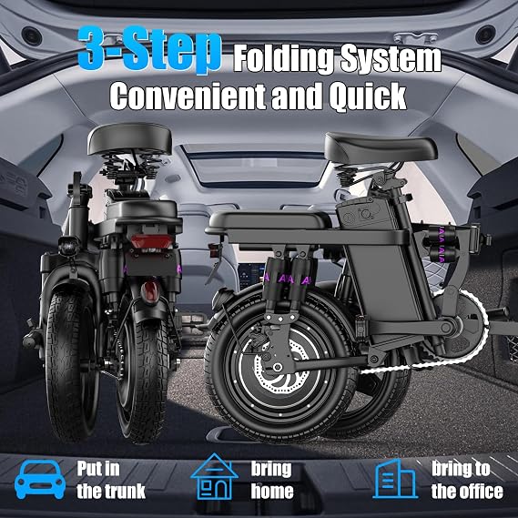 Foldable Electric Bike for Adults & Teens, 500W Peak Motor Folding Ebike, 48V 15Ah Removable Battery for Folding Electric Bicycle Max 20MPH 50Miles, Full Suspension, 14x2 Mini E-Bike
