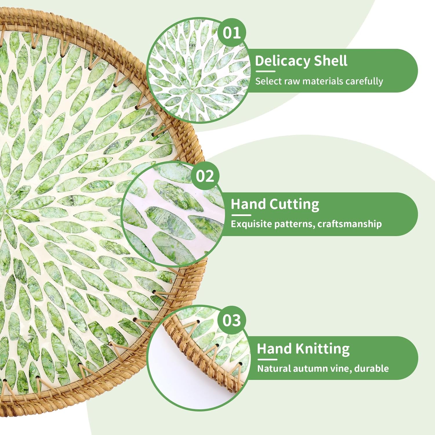 Round Rattan Tray with Mother of Pearl Inlay, Decorative Rattan Serving Tray for Home Boho Decor, Coffee Table, Bread, Food, Tea Ottoman Trays, Fruit Wicker Basket,100% Natural Materials Green- 12" - Image 2