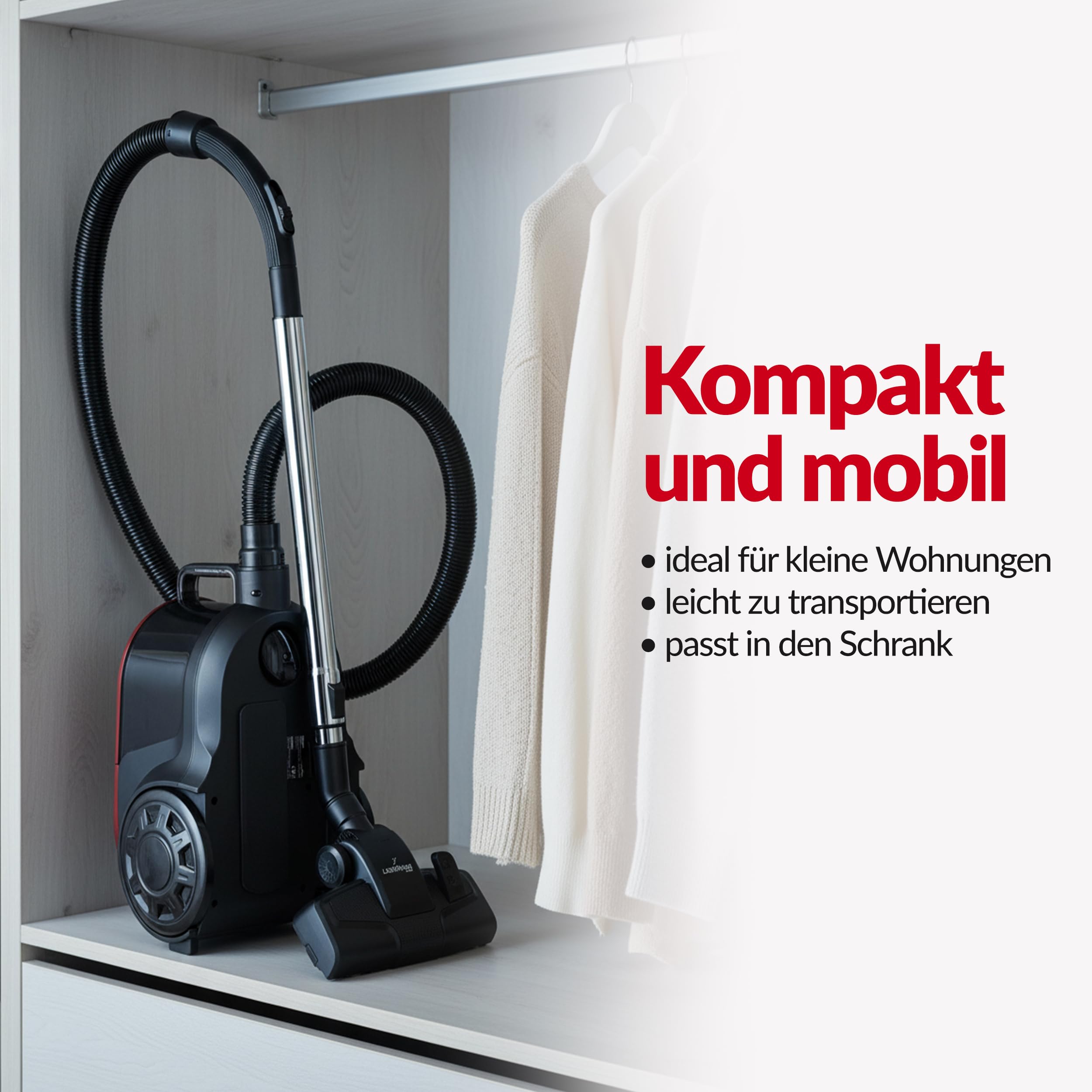 LEHMANN - Aspirador sin bolsa, tecnología ciclónica potente, doble filtro HEPA para alérgicos, capacidad 2,5 L, compacto, aspirador trineo para alfombras y suelos, juego de accesorios, negro/rojo