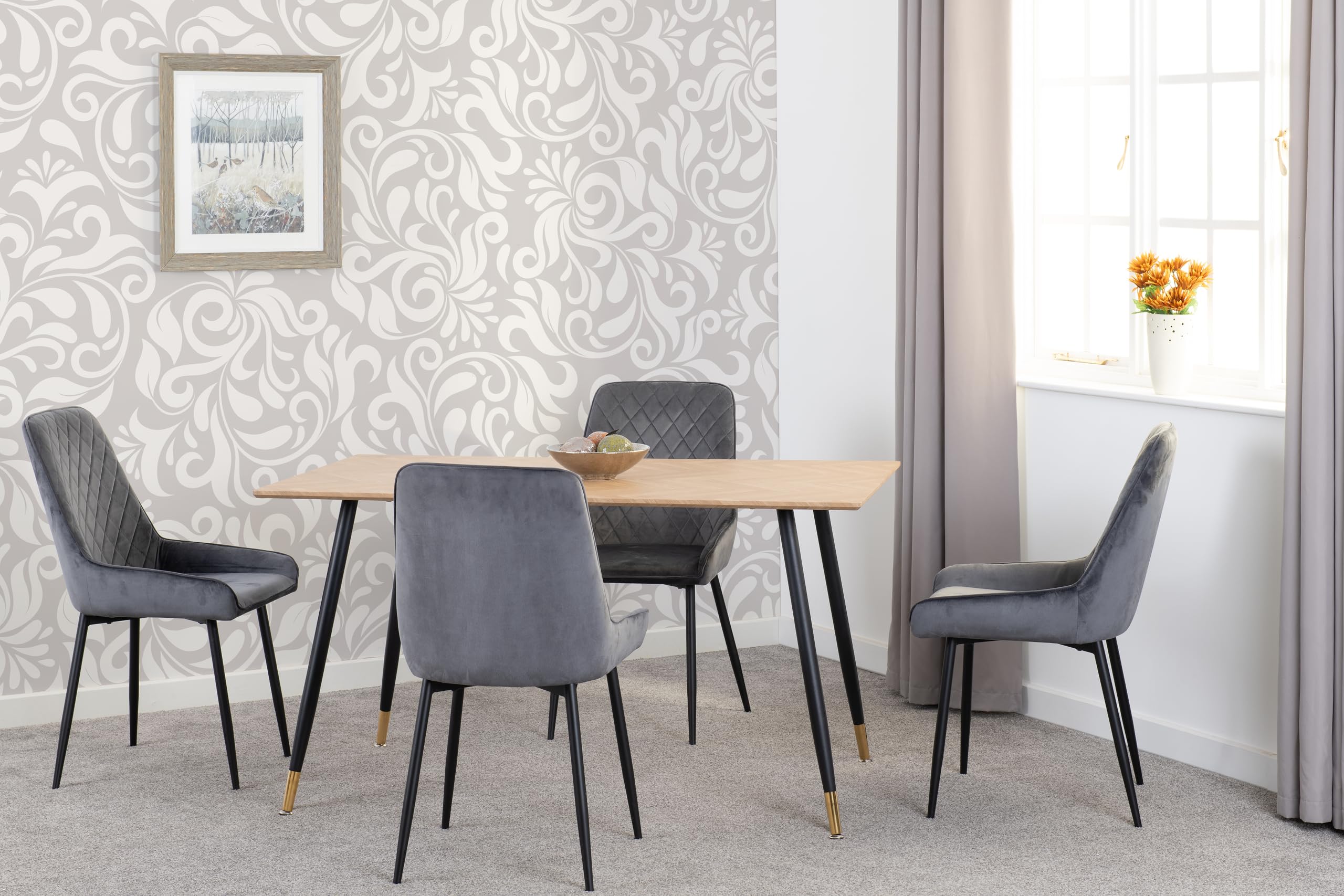 Seconique Hamilton 4 Seater Dining Table Set - Medium Oak Effect Table - Grey Velvet Avery Chairs